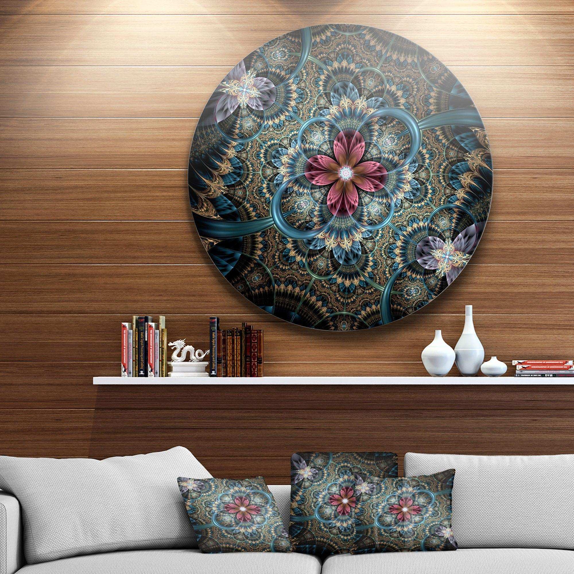 Dark Purple Fractal Flower - Floral Metal Circle Wall Art