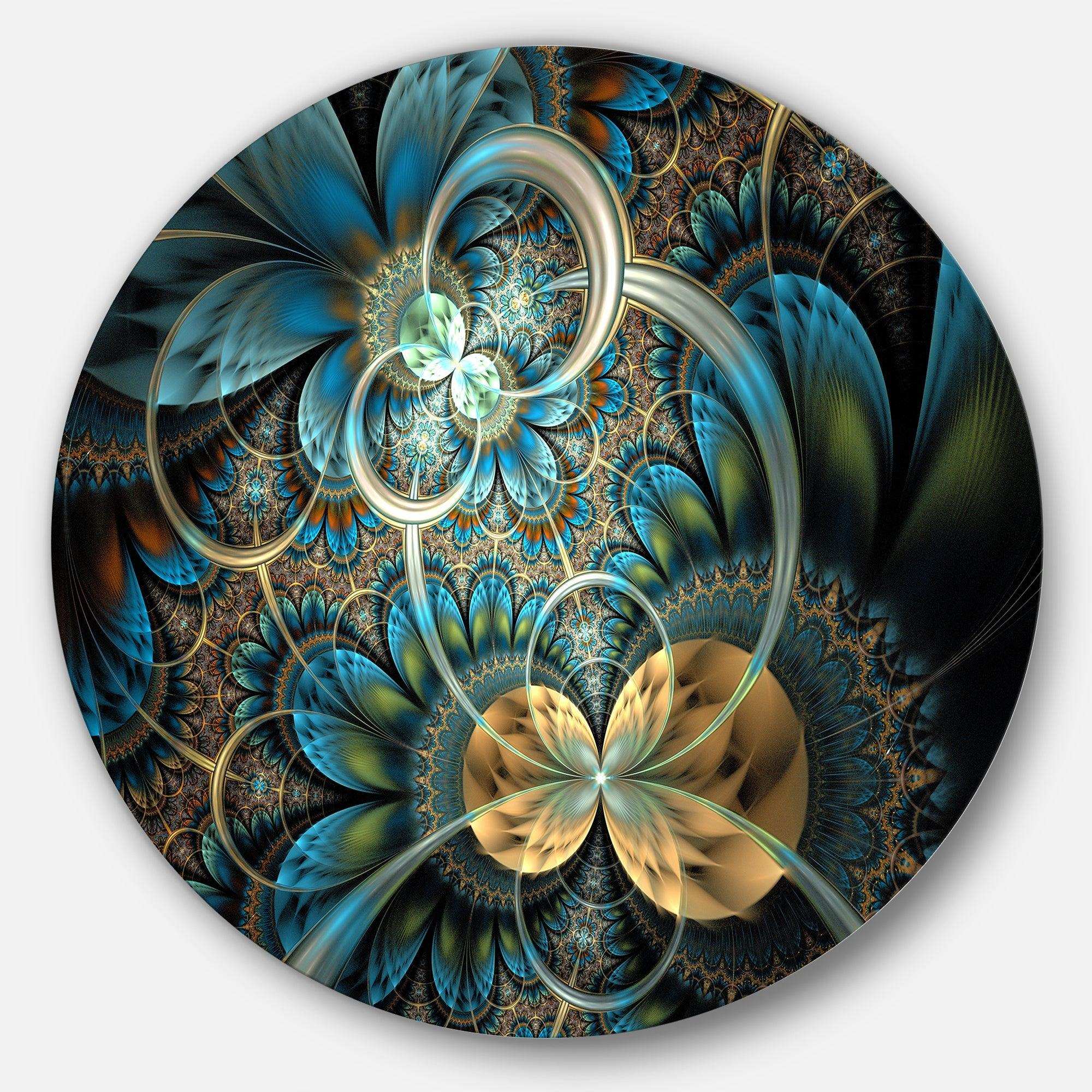 Symmetrical Blue Gold Fractal Flower - Floral Oversized Circle Metal Wall Art