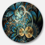 Symmetrical Blue Gold Fractal Flower - Floral Oversized Circle Metal Wall Art