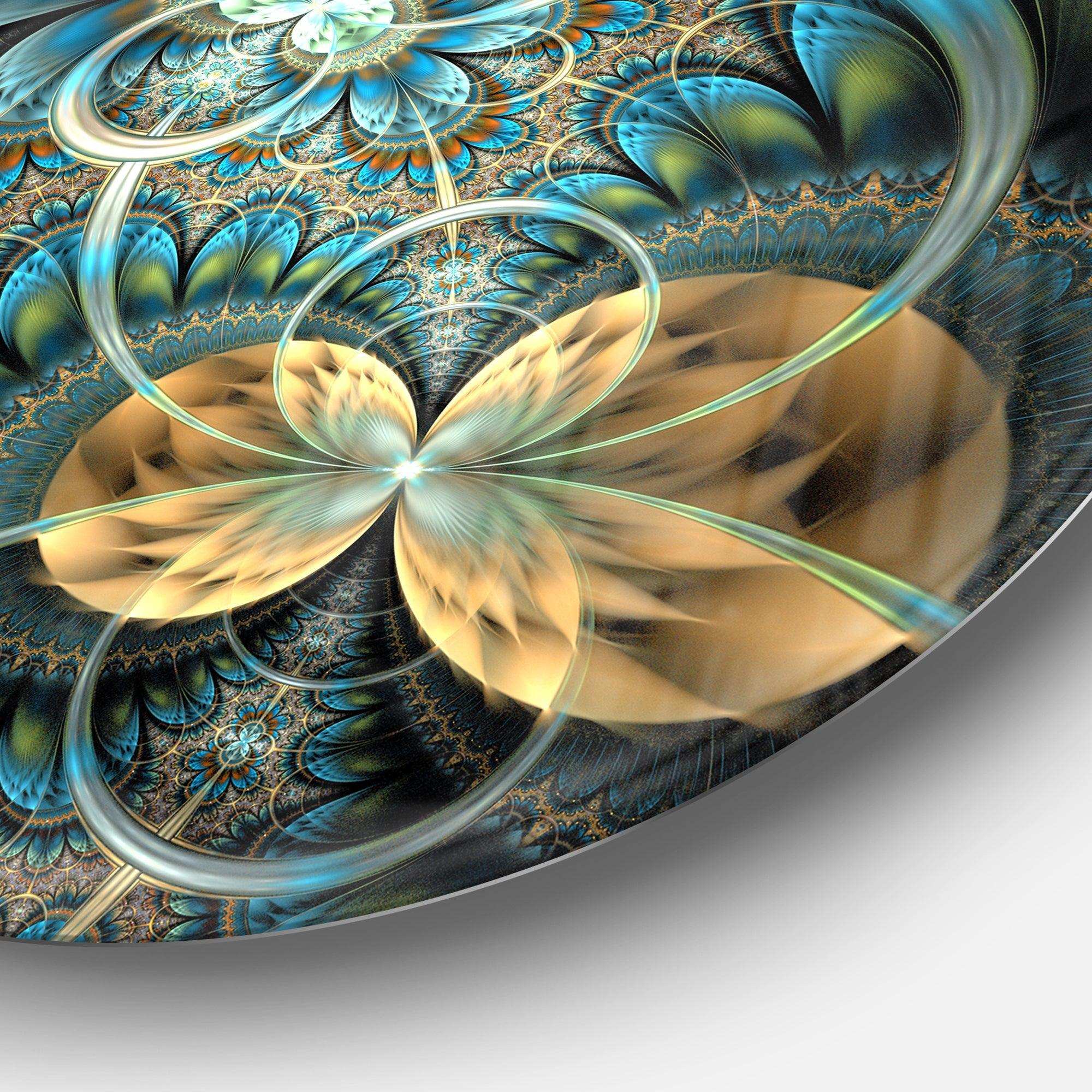 Symmetrical Blue Gold Fractal Flower - Floral Oversized Circle Metal Wall Art