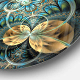 Symmetrical Blue Gold Fractal Flower - Floral Oversized Circle Metal Wall Art