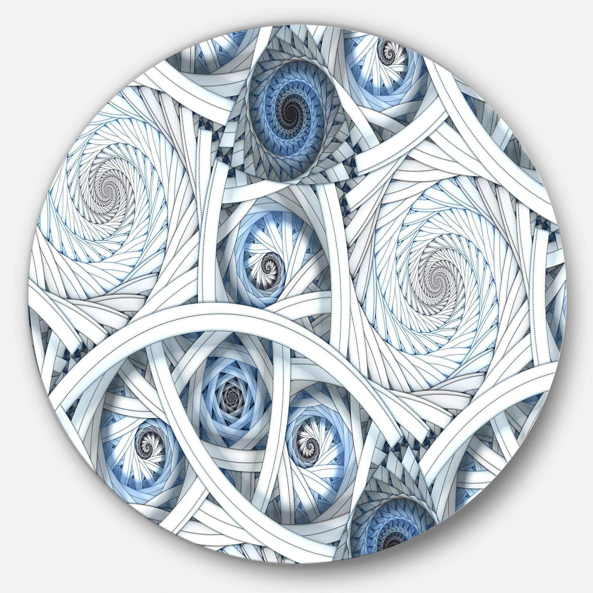 White Spiral with Blue Fractal Art - Abstract Circle Metal Wall Decor