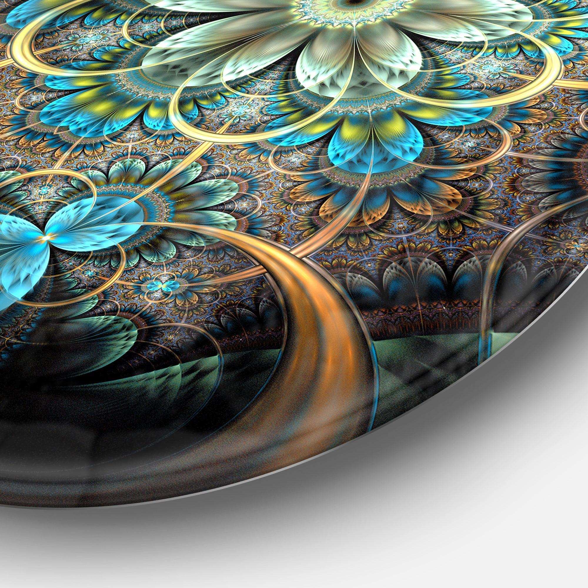 Lighted Blue Fractal Blue Flowers - Floral Round Metal Wall Art