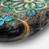 Lighted Blue Fractal Blue Flowers - Floral Round Metal Wall Art