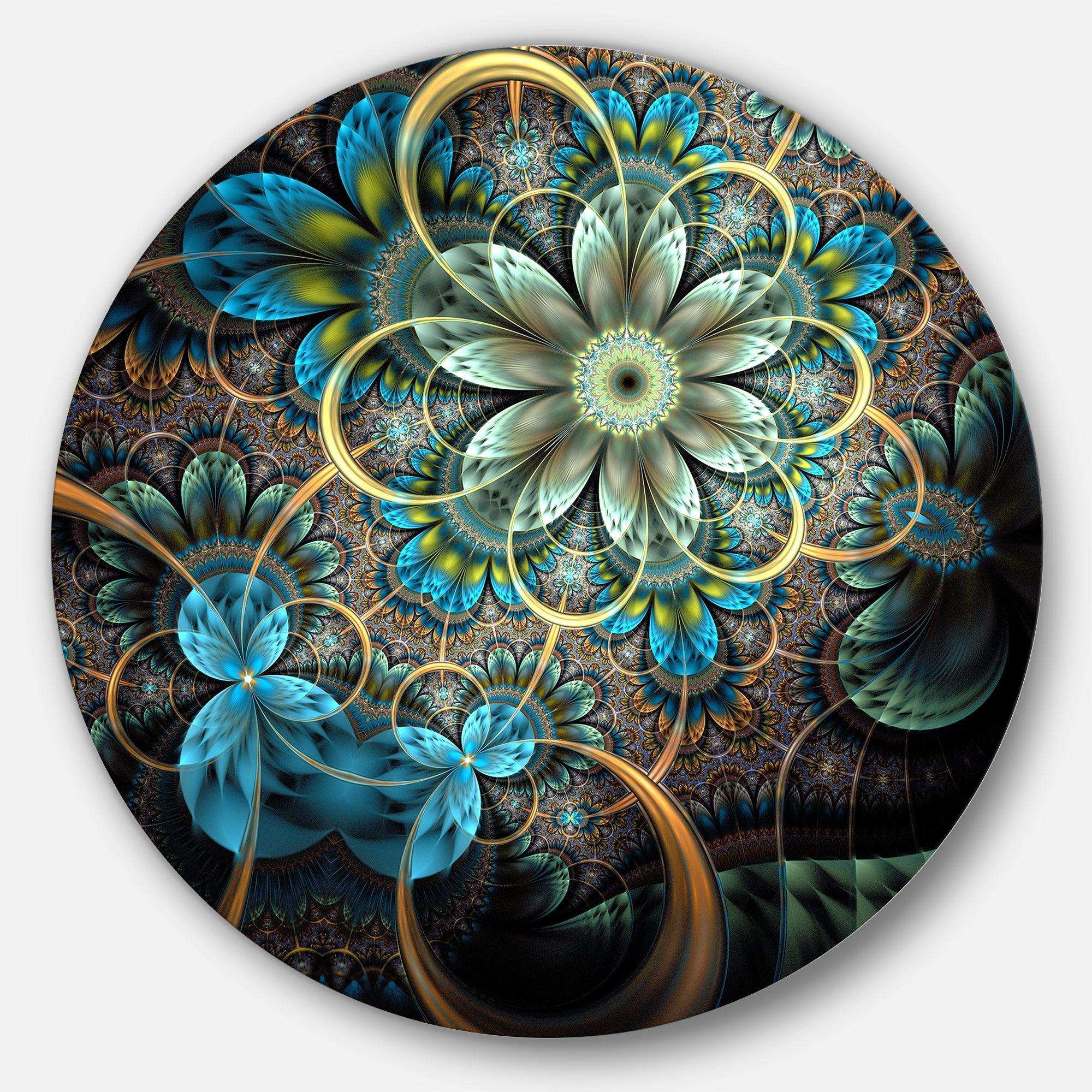 Lighted Blue Fractal Blue Flowers - Floral Round Metal Wall Art