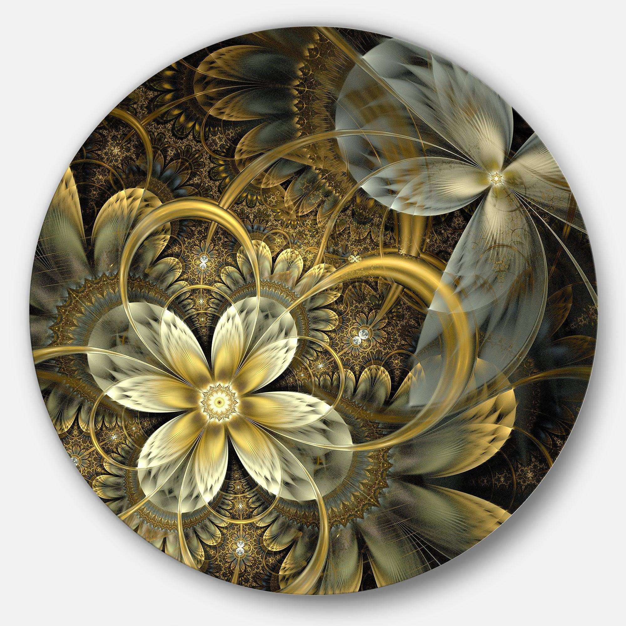 Fractal Orange Yellow Flowers - Floral Metal Circle Wall Art