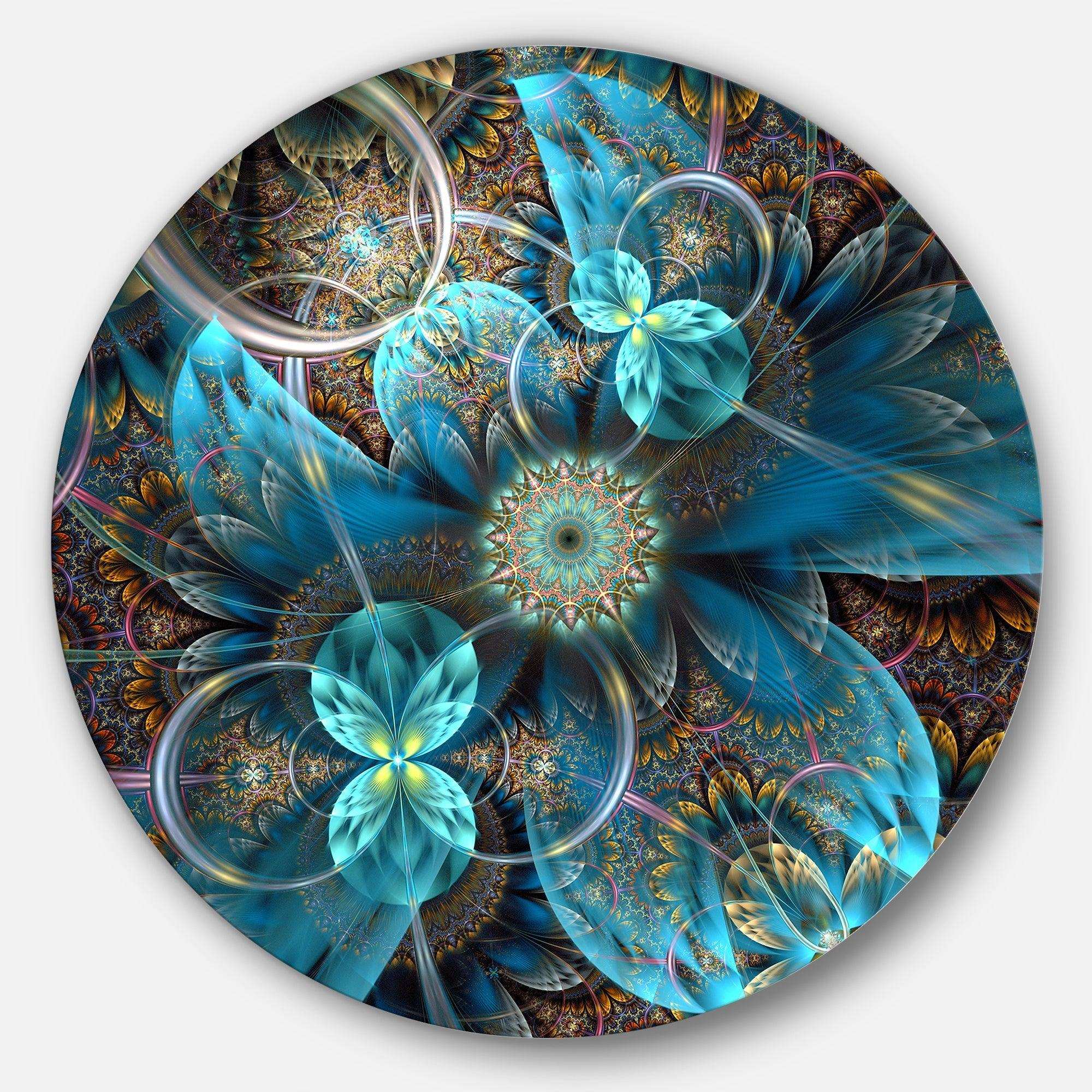 Fractal Blue Flowers - Floral Large Metal Circle Wall Art