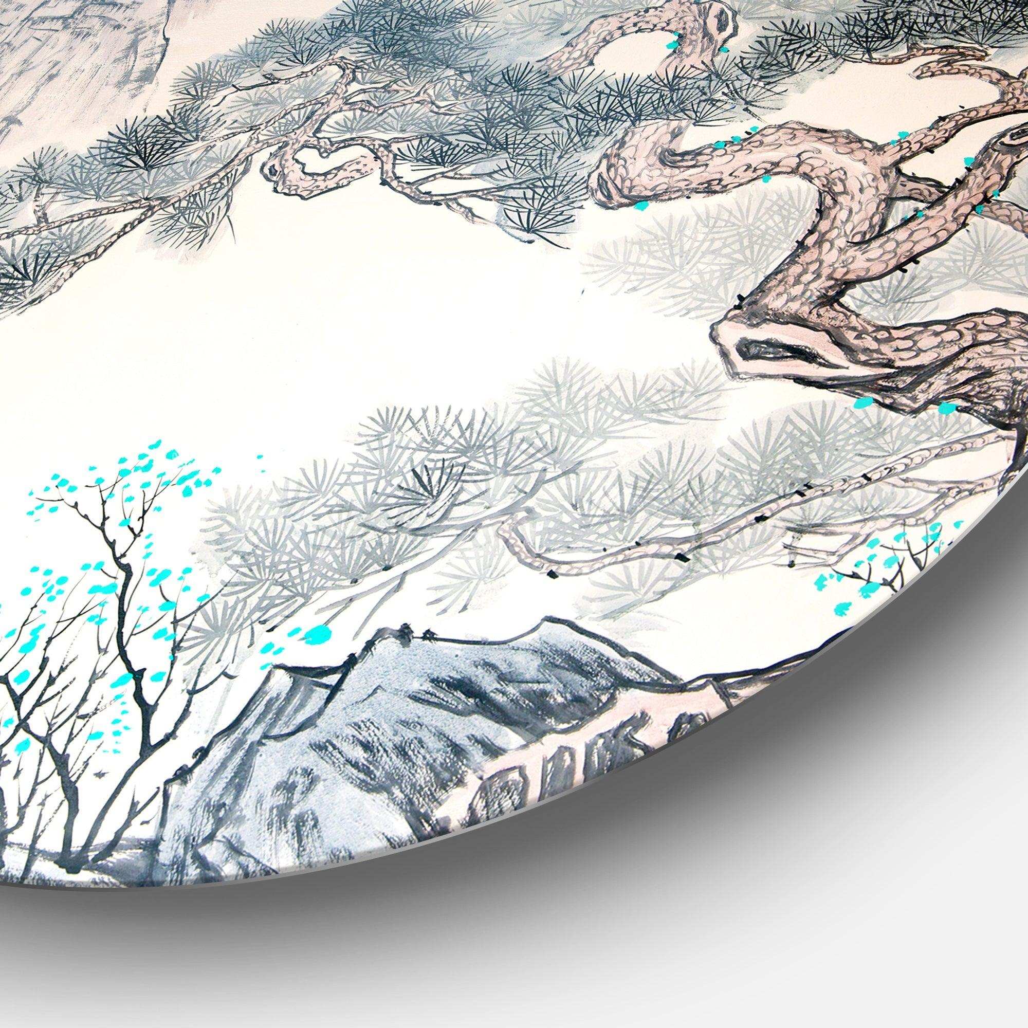 Chinese Blue Tree Art - Floral Circle Metal Wall Art