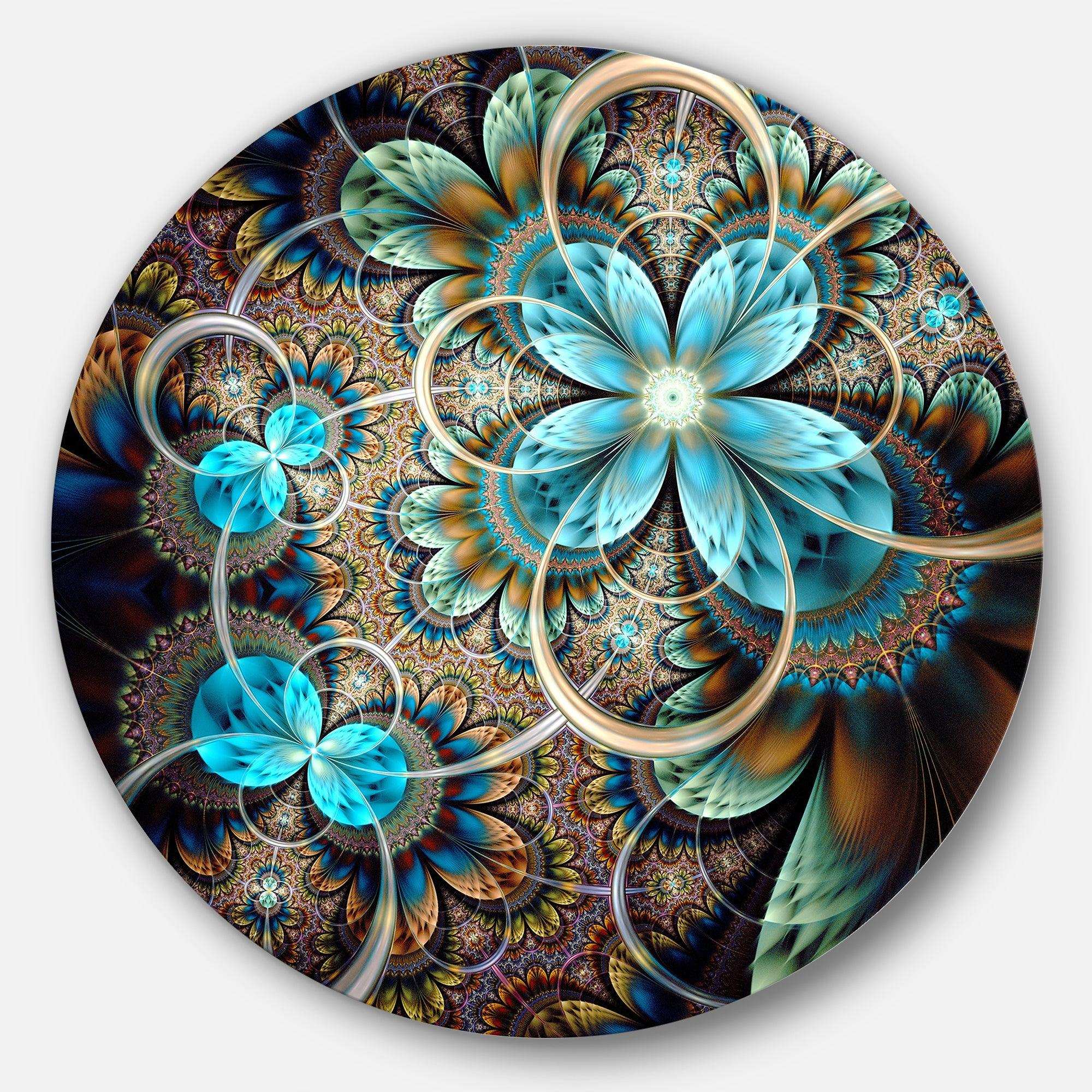 Colorful Fractal Flowers with Blue Shade - Floral Circle Metal Wall Decor
