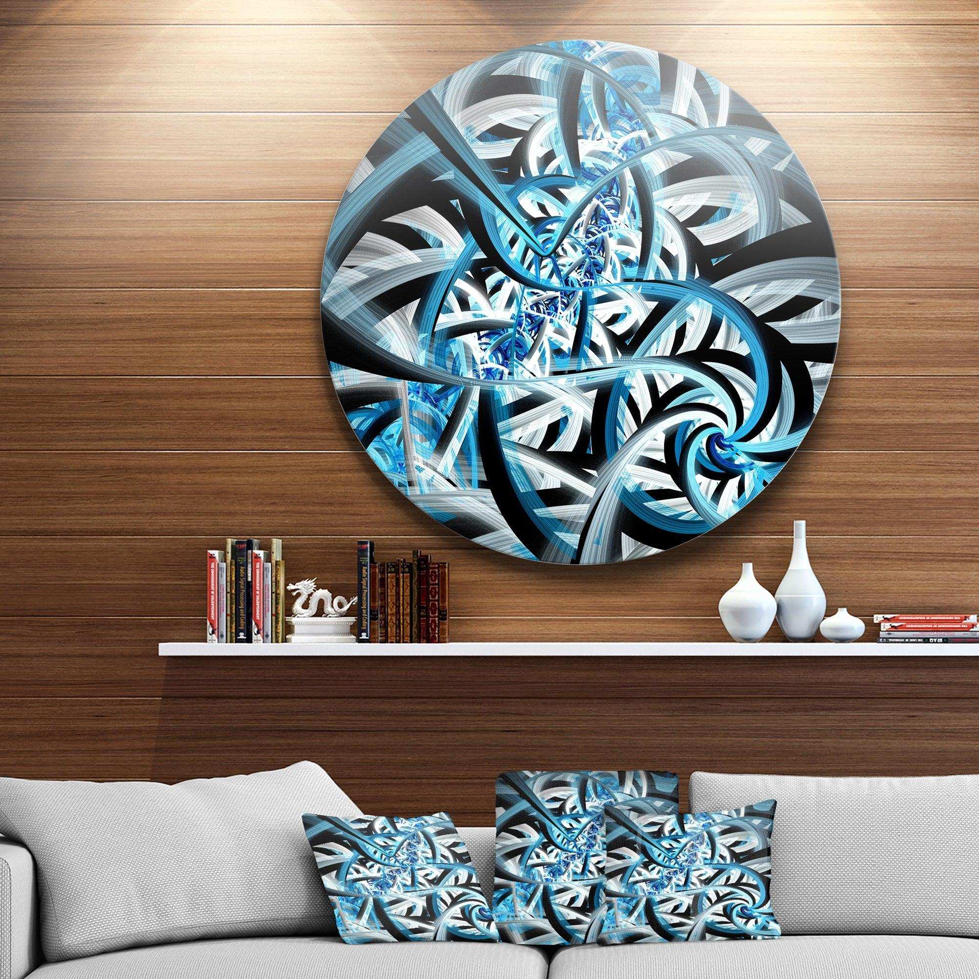 Blue Spiral Fractal Design - Abstract Round Metal Wall Art