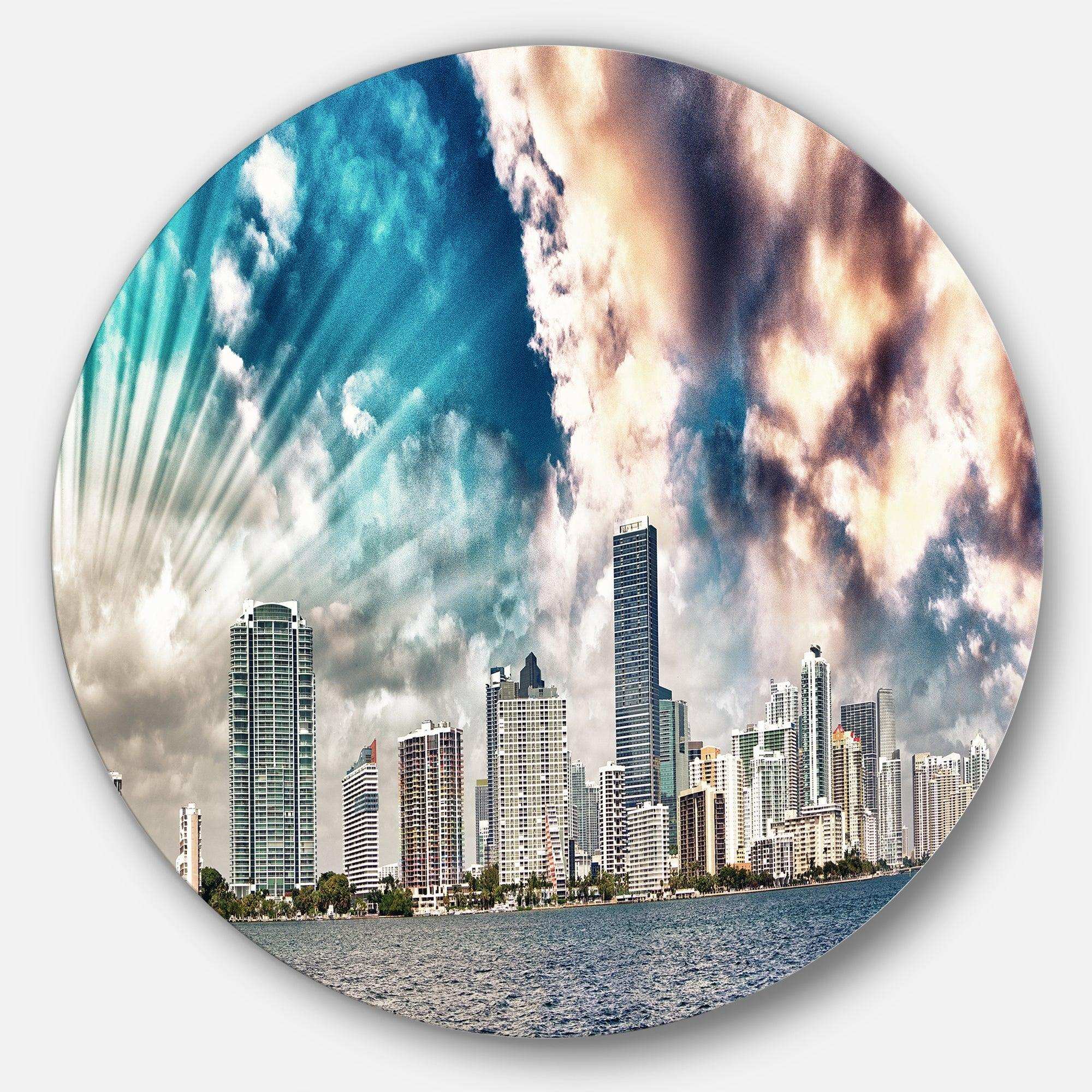 Miami Skyline with Clouds - Architecture Circle Metal Wall Decor
