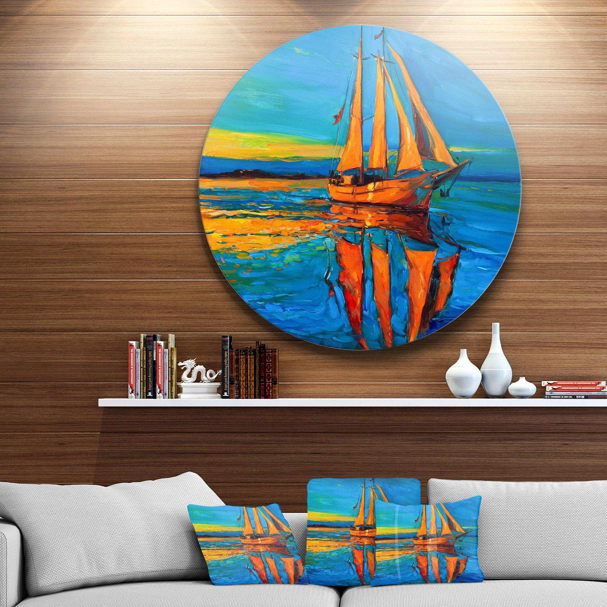 Brown Sailing Boat - Sea & Shore Metal Circle Wall Art