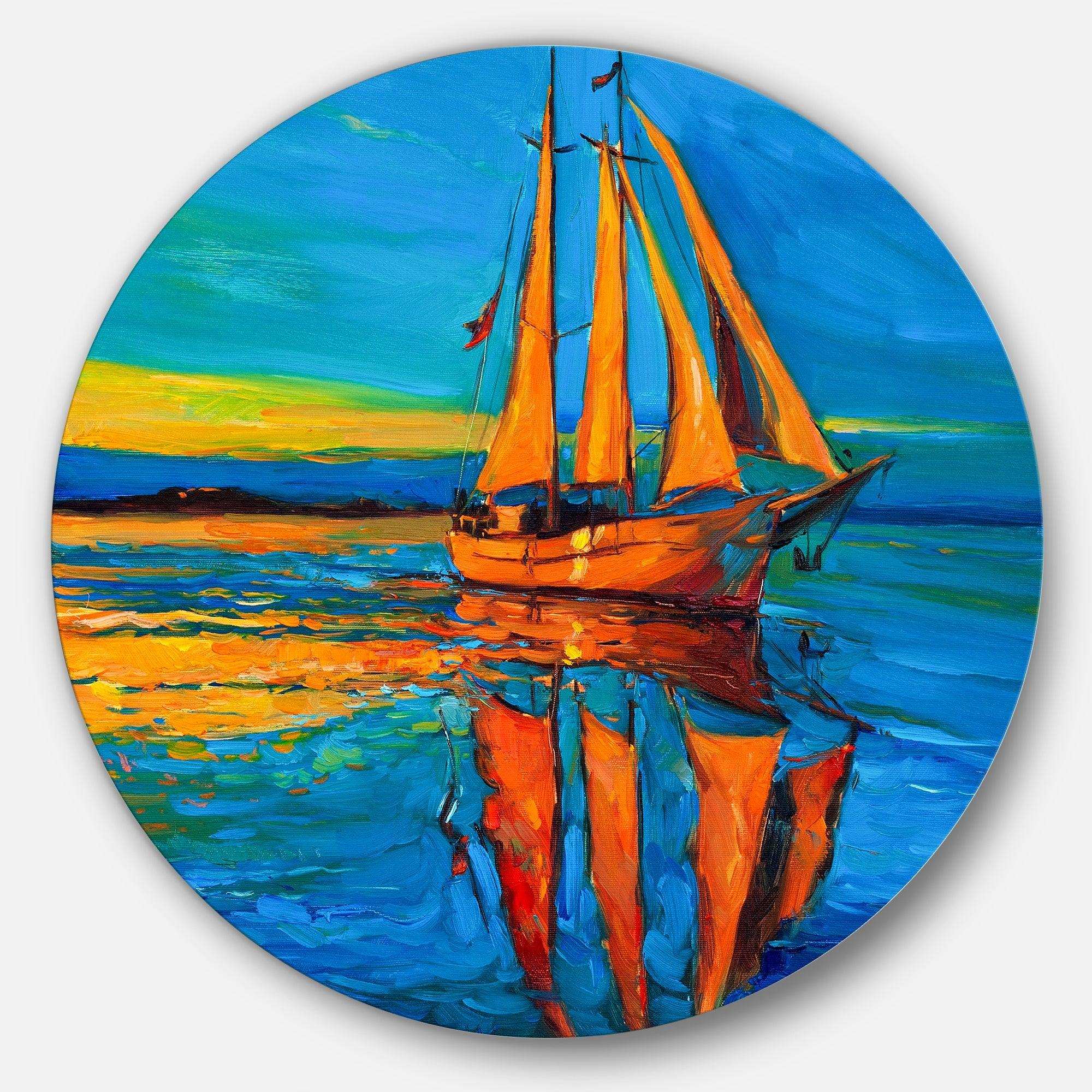 Brown Sailing Boat - Sea & Shore Metal Circle Wall Art
