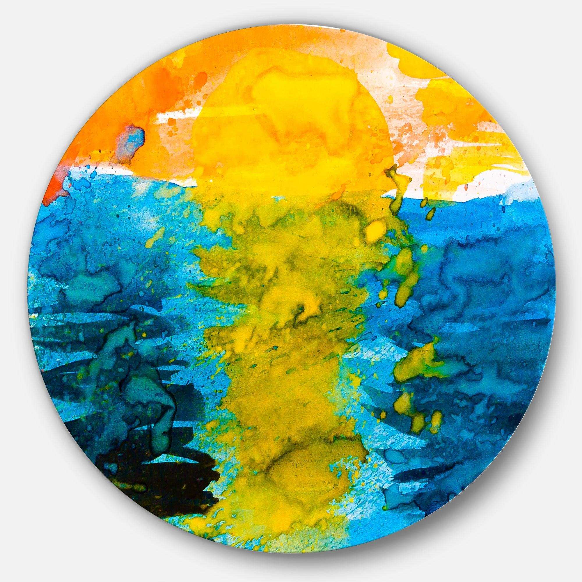 Sea Texture in Yellow Blue - Abstract Metal Circle Wall Art