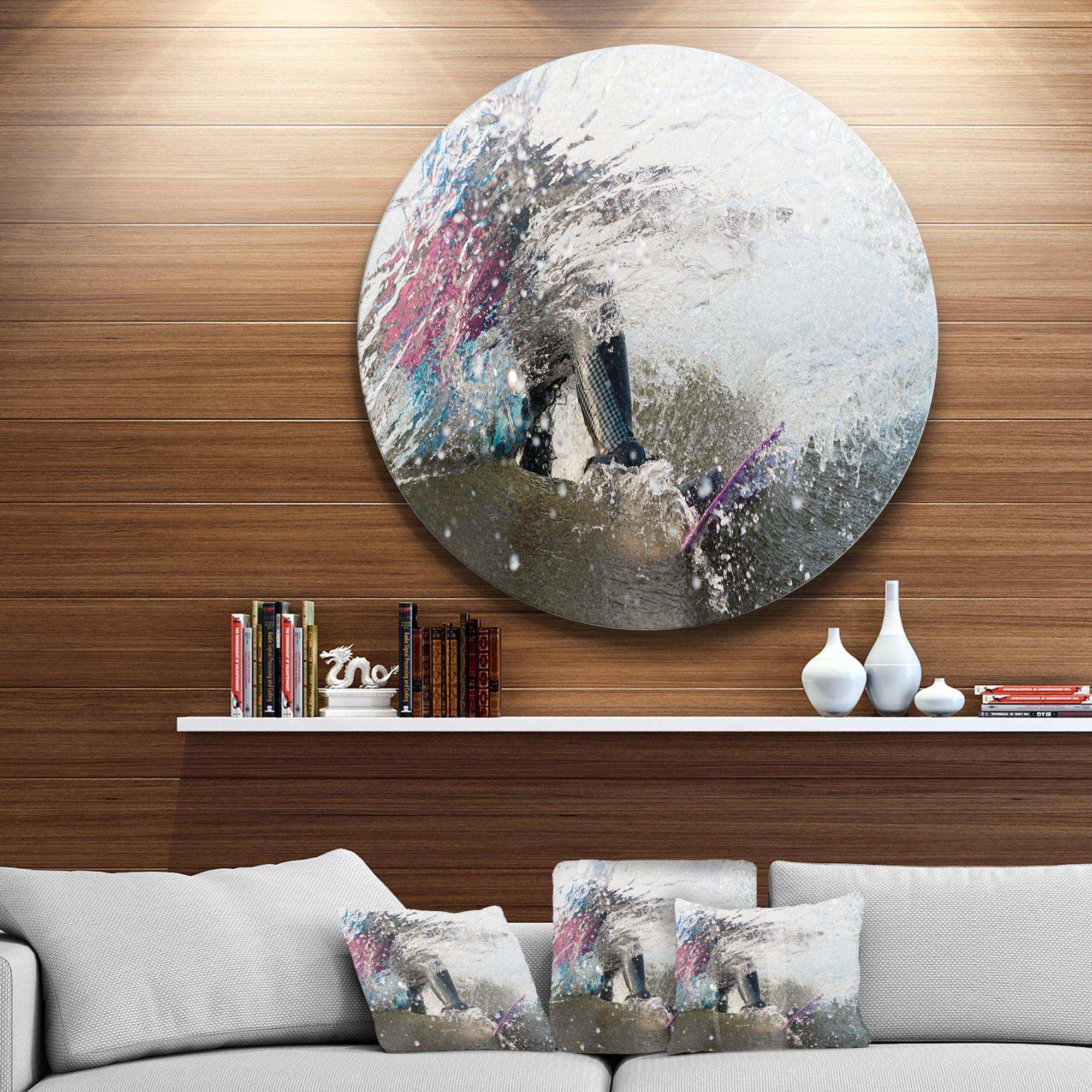 Guy on a Wakeboard - Landscape Round Metal Wall Art