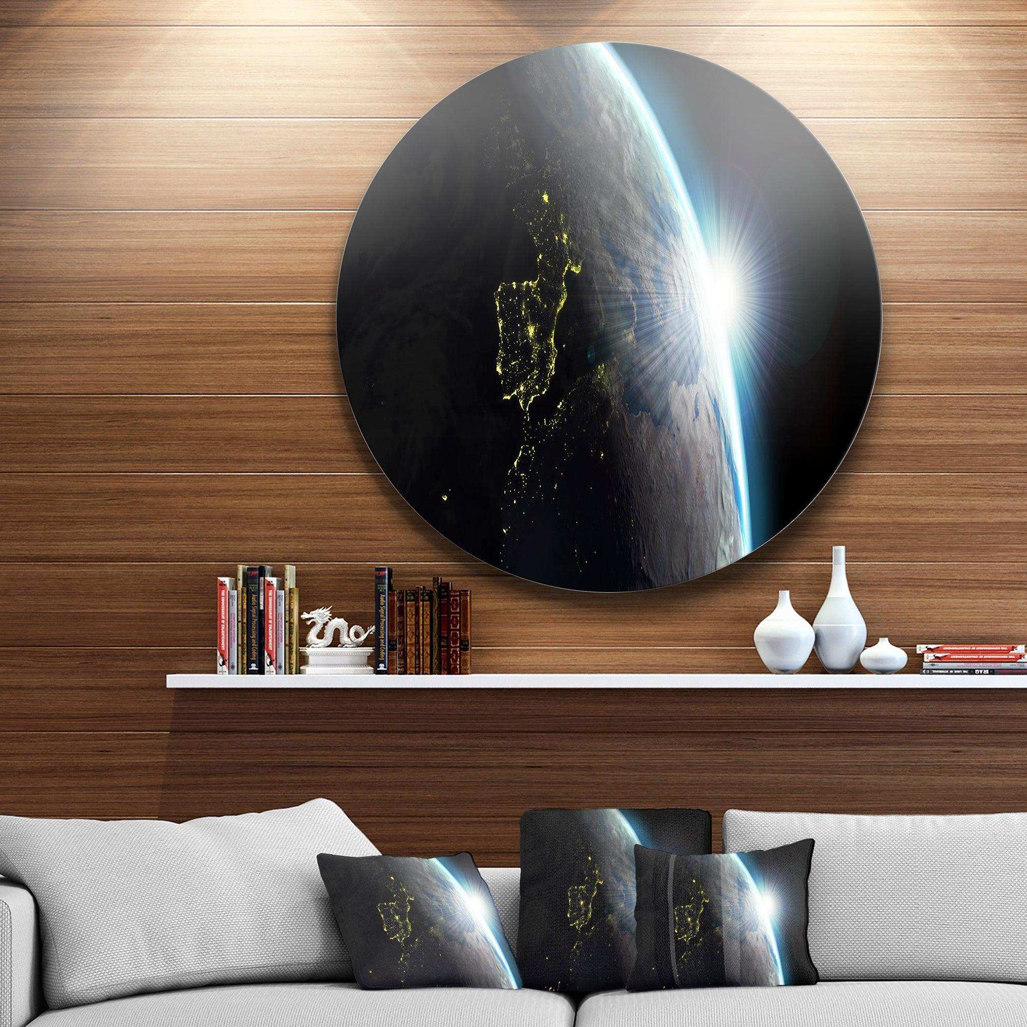 Earth View with Day and Night Effect - Landscape Round Metal Wall Art