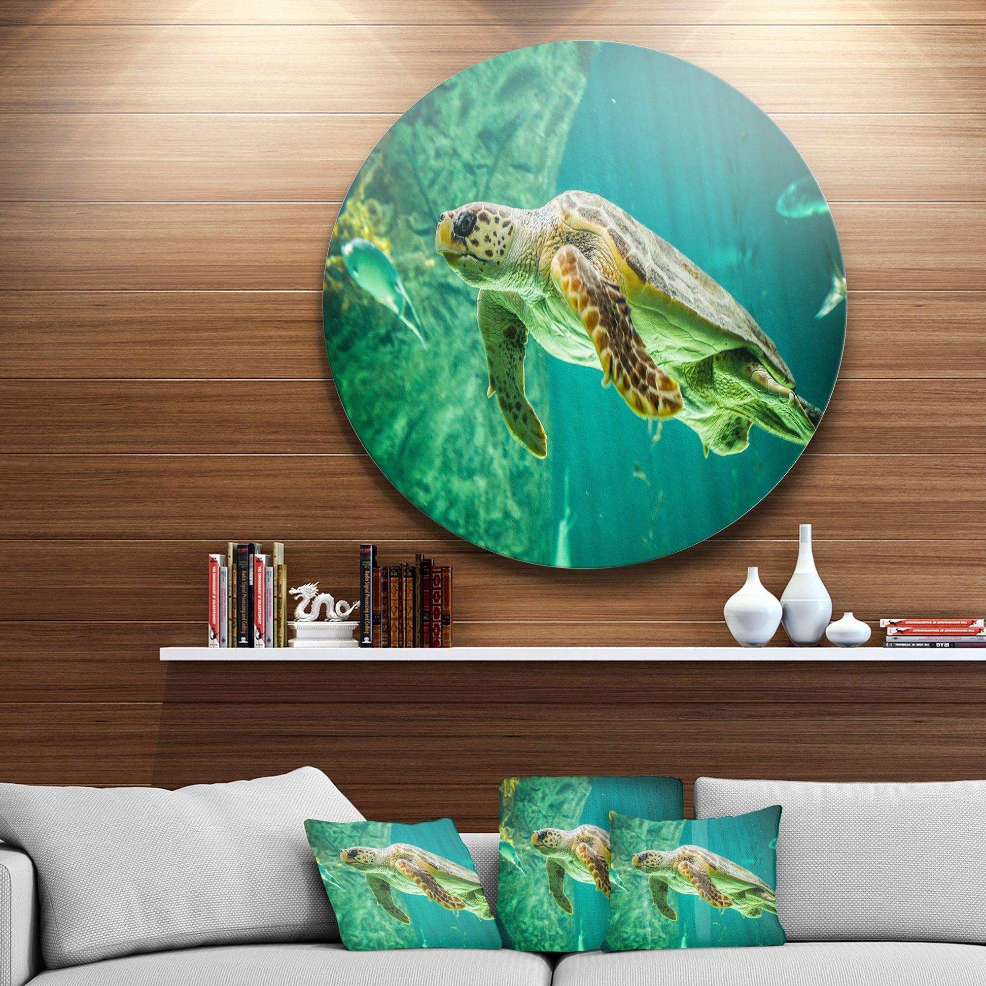 Huge Turtle Swimming - Animal Circle Metal Wall Decor