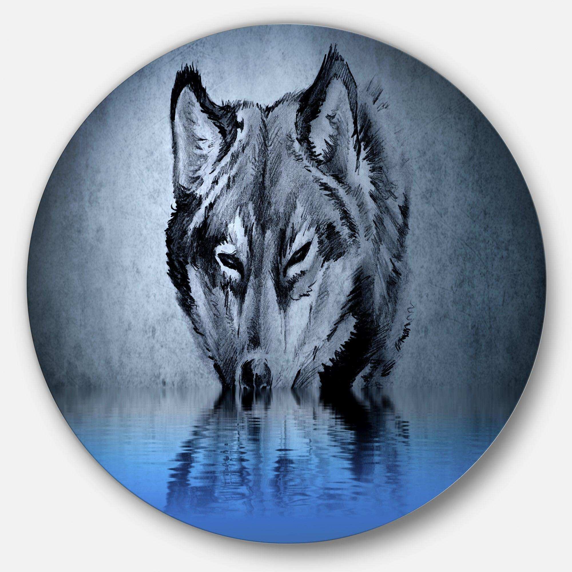 Wolf Head with Water Reflections Tattoo - Animal Circle Metal Wall Decor