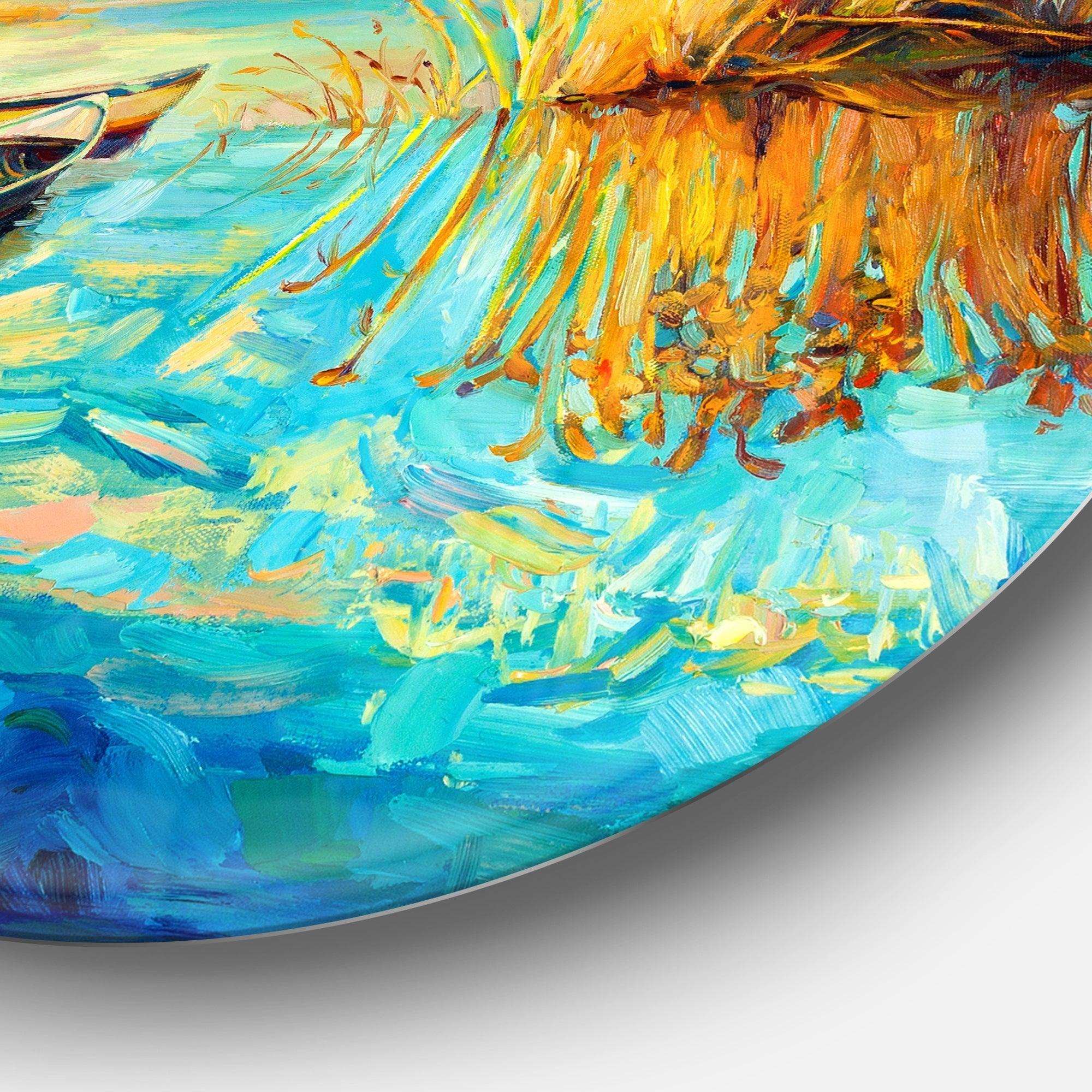 Colorful Lake with Boats - Landscape Round Metal Wall Art