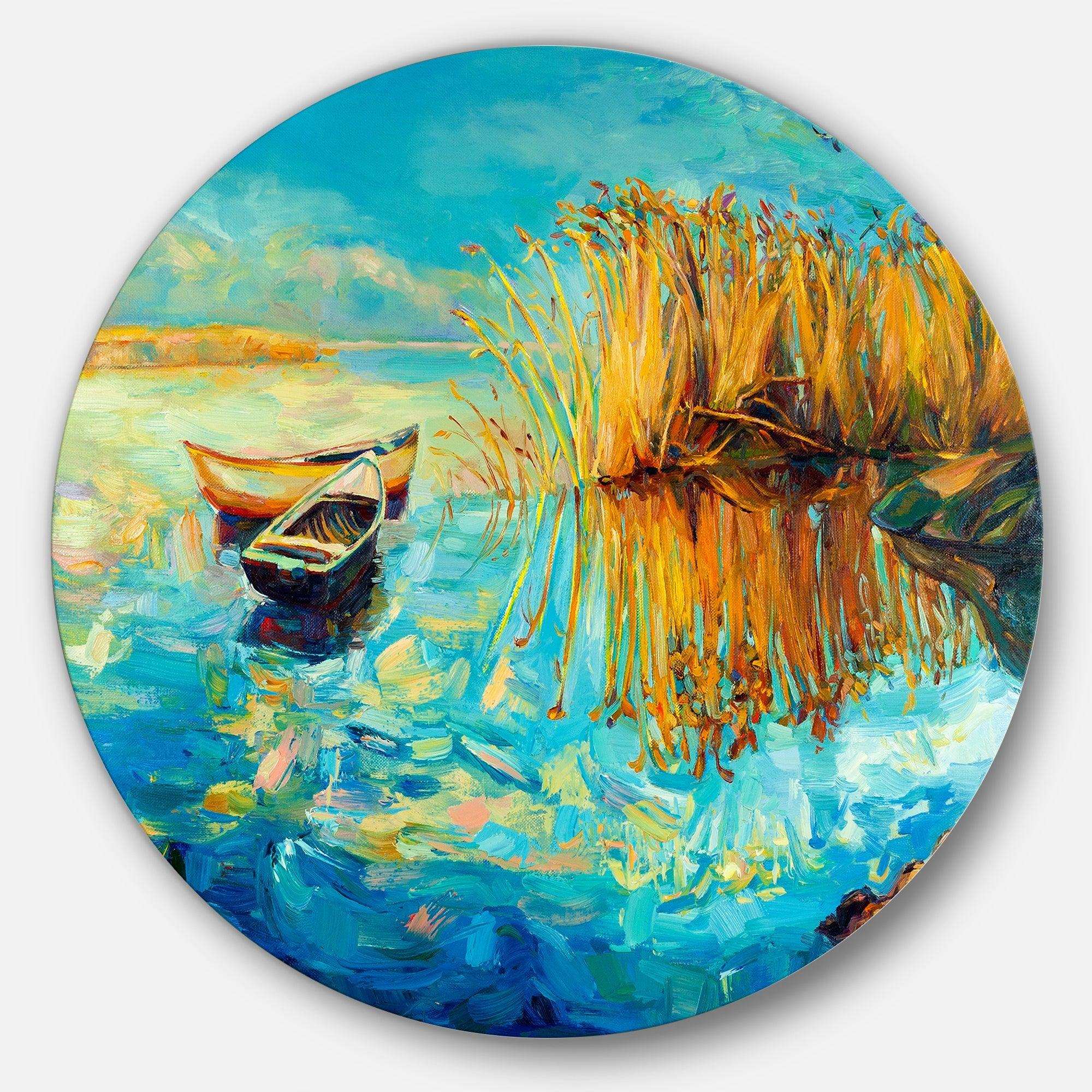 Colorful Lake with Boats - Landscape Round Metal Wall Art