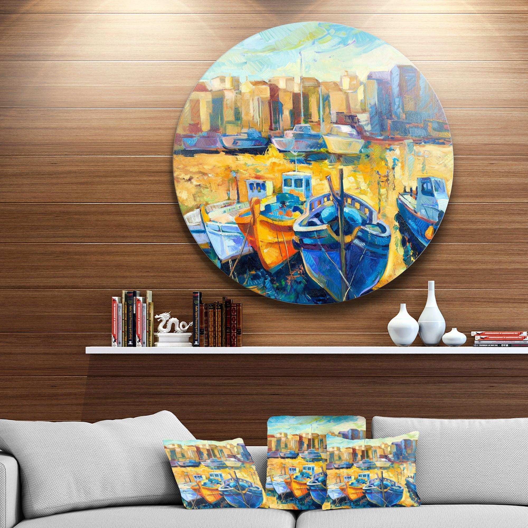 Wharf and Boats - Landscape Circle Metal Wall Decor