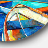 Boats and Pier in Blue Shade - Sea & Shore Metal Circle Wall Art