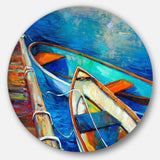 Boats and Pier in Blue Shade - Sea & Shore Metal Circle Wall Art