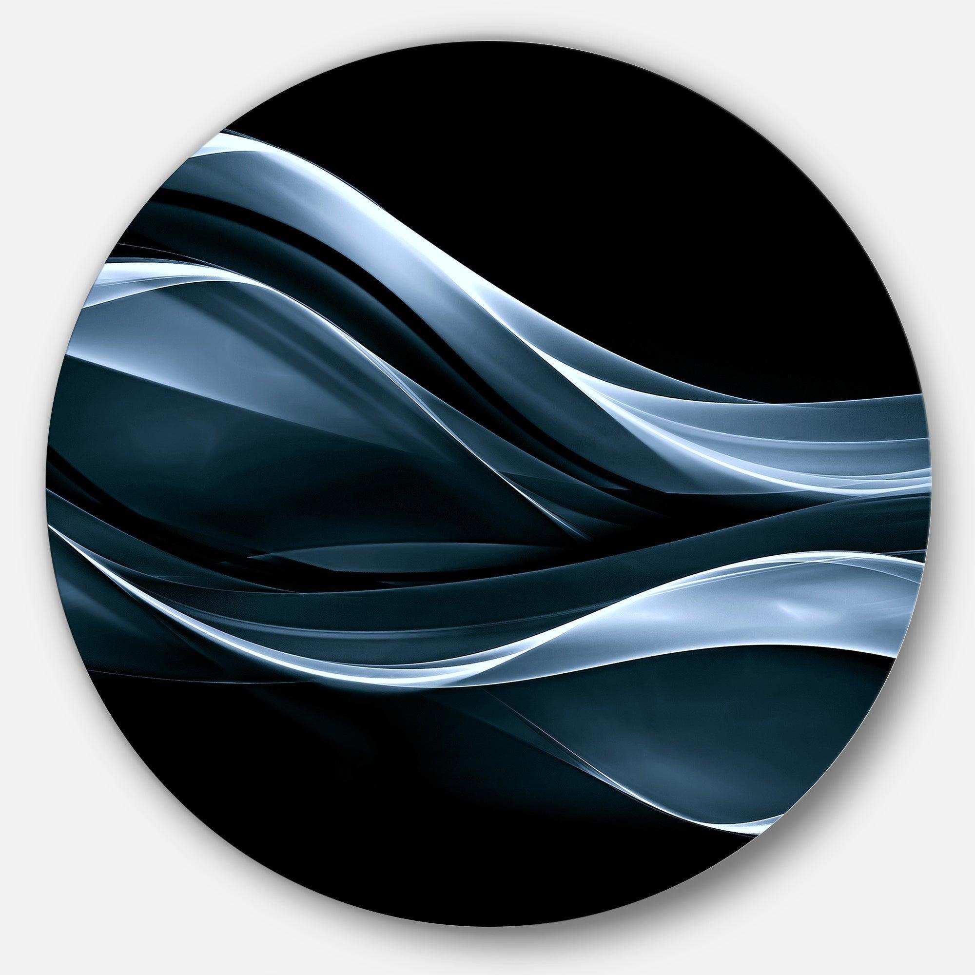 Fractal Lines Blue in Black - Abstract Large Metal Circle Wall Art