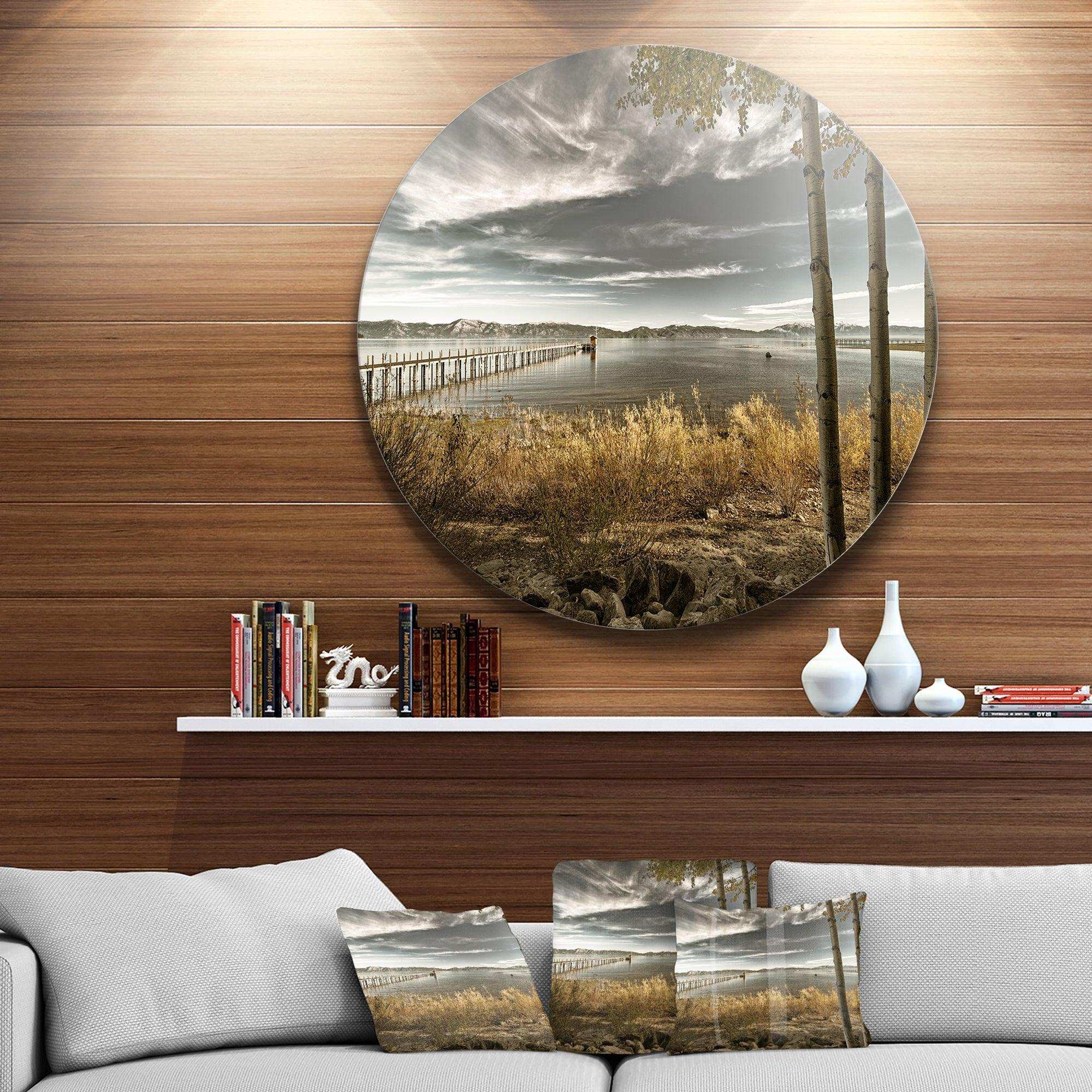 Pier in Brown Lake - Landscape Round Metal Wall Art