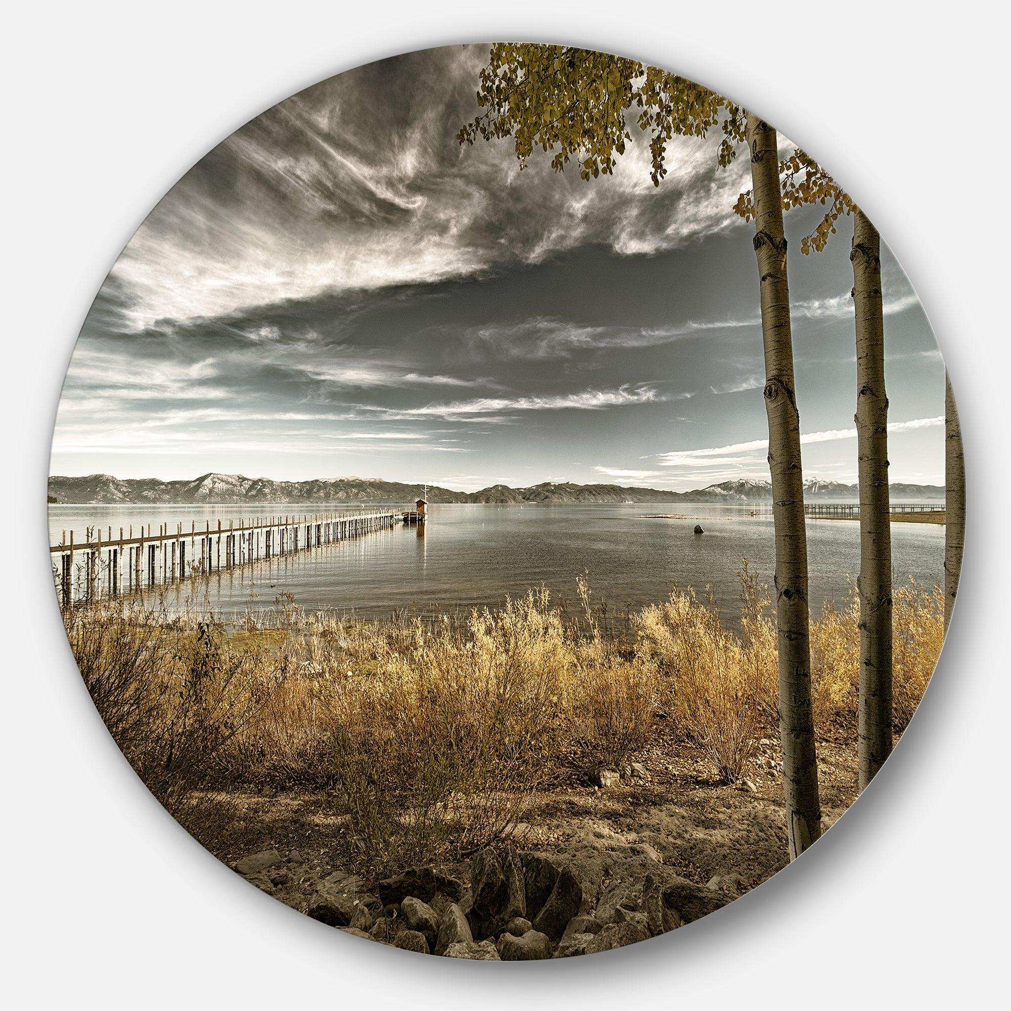 Pier in Brown Lake - Landscape Round Metal Wall Art