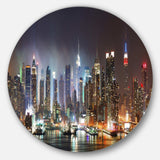 Lit NYC Manhattan Skyline - Architecture Metal Circle Wall Art
