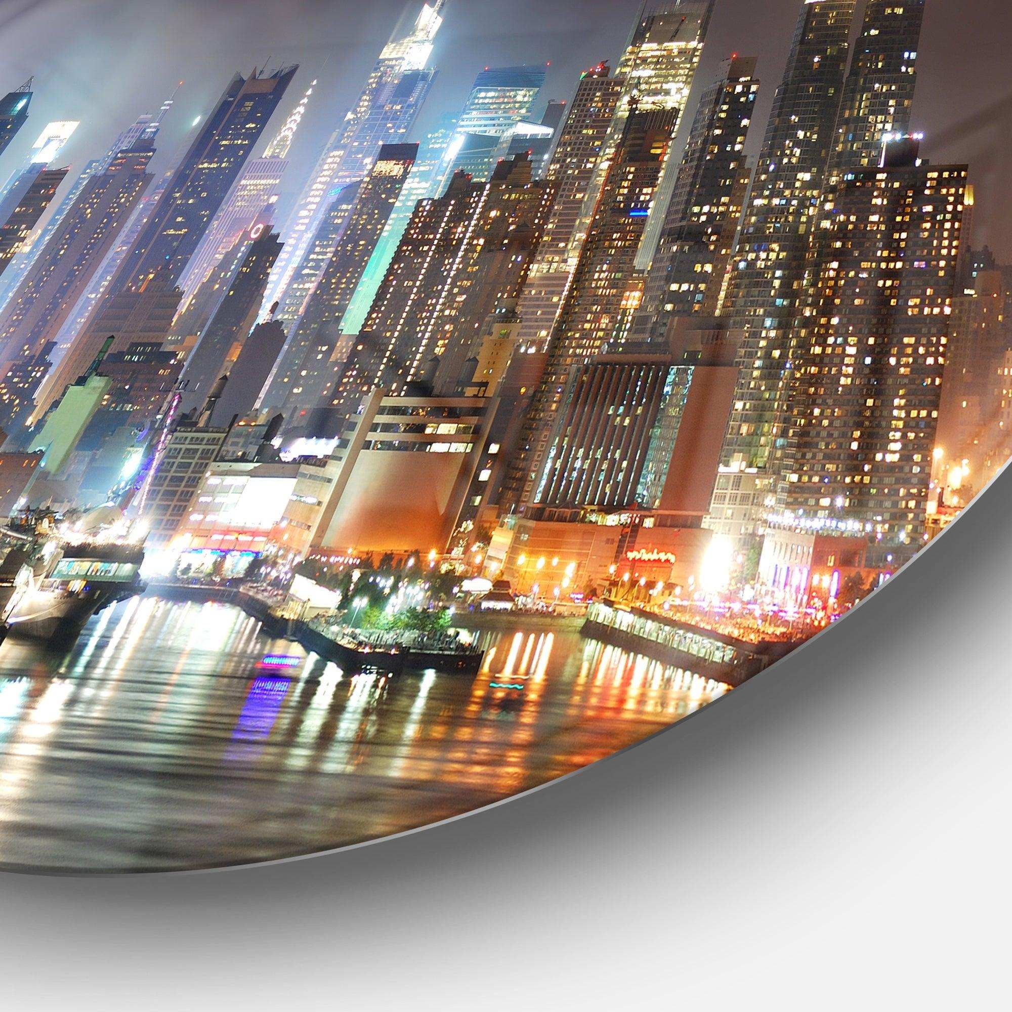 Lit NYC Manhattan Skyline - Architecture Metal Circle Wall Art