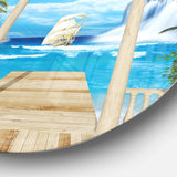 Wooden Terrace with Sea View - Landscape Photography Circle Metal Wall Decor