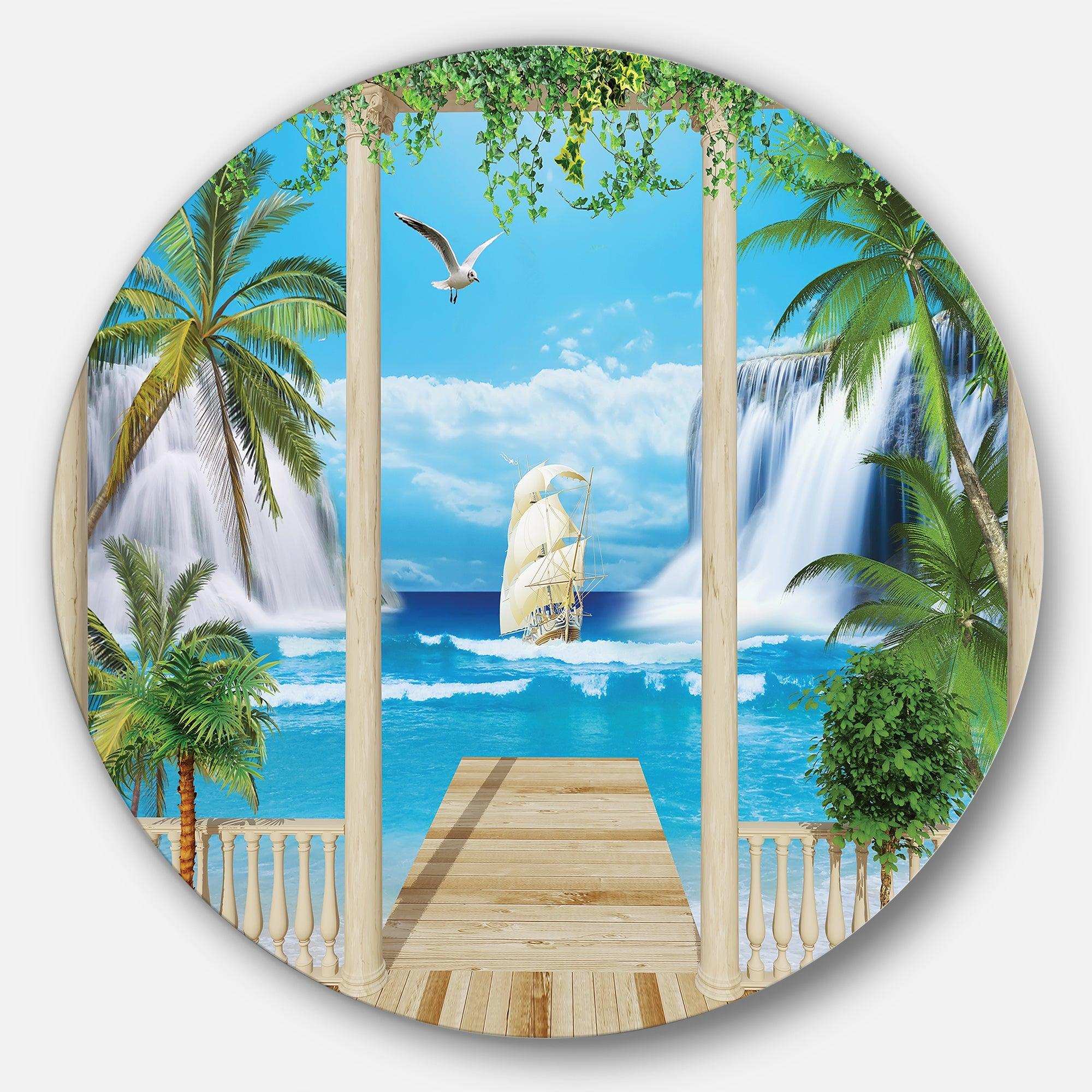 Wooden Terrace with Sea View - Landscape Photography Circle Metal Wall Decor