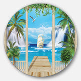Wooden Terrace with Sea View - Landscape Photography Circle Metal Wall Decor