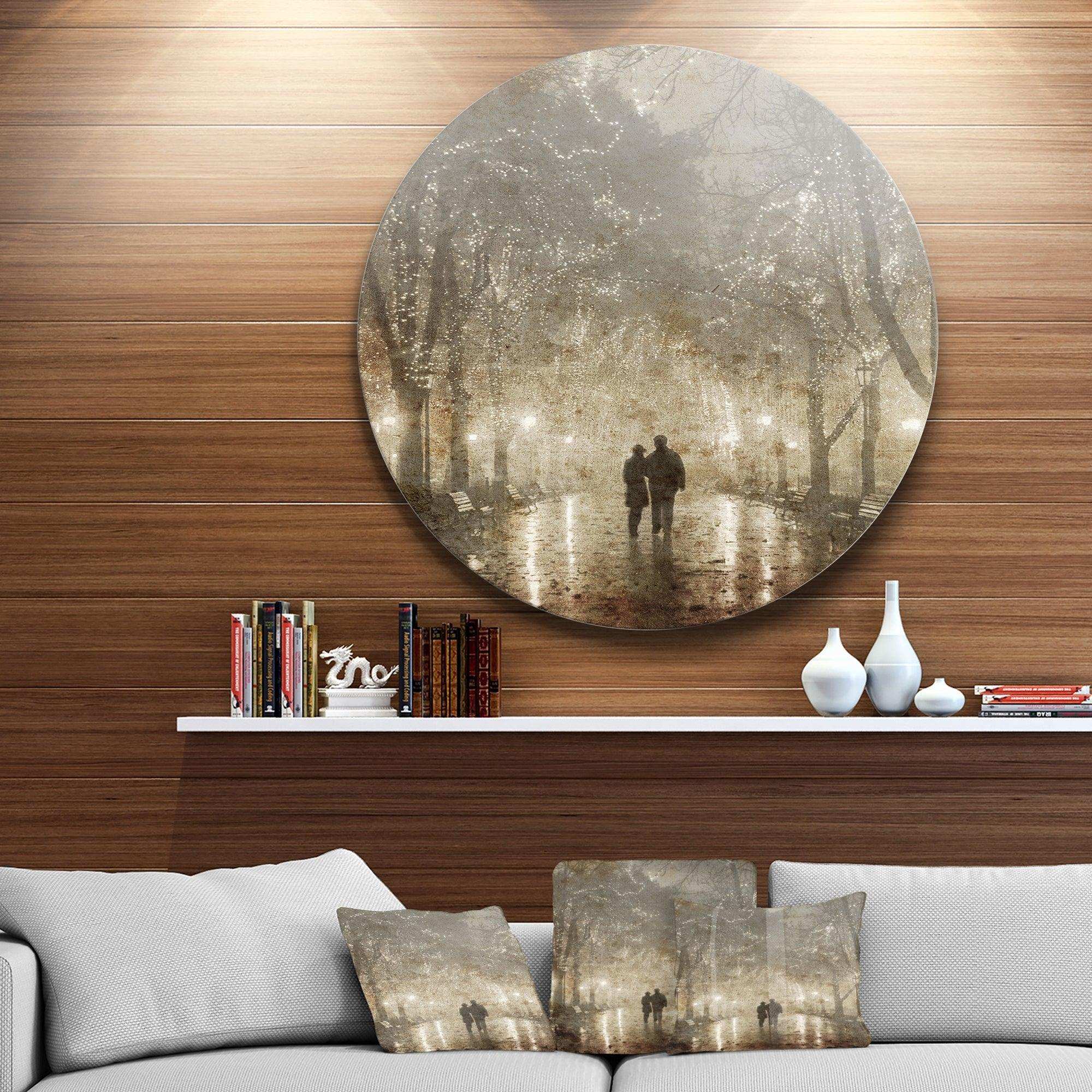 Couple Walking in Night Lights - Landscape Photography Metal Circle Wall Art