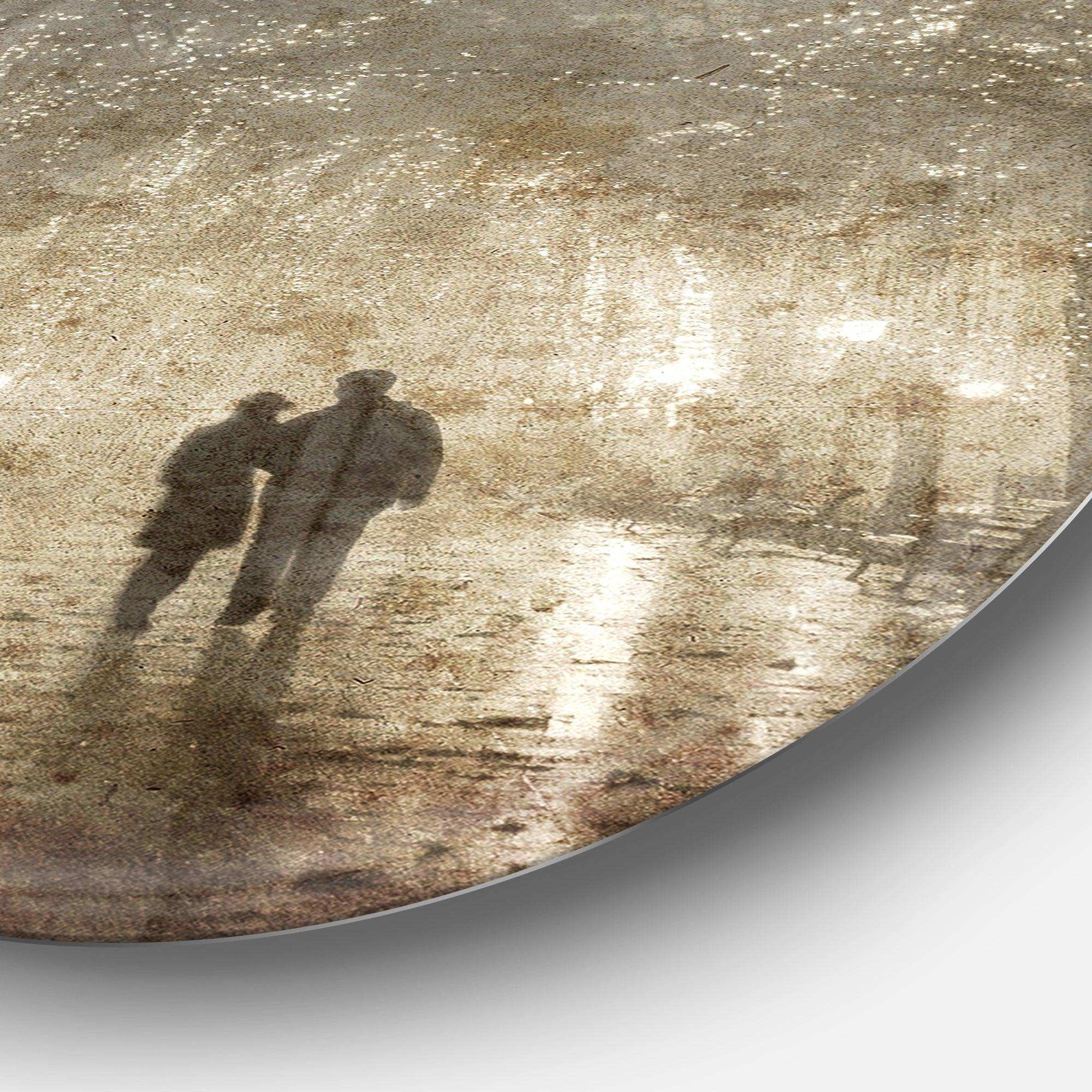 Couple Walking in Night Lights - Landscape Photography Metal Circle Wall Art