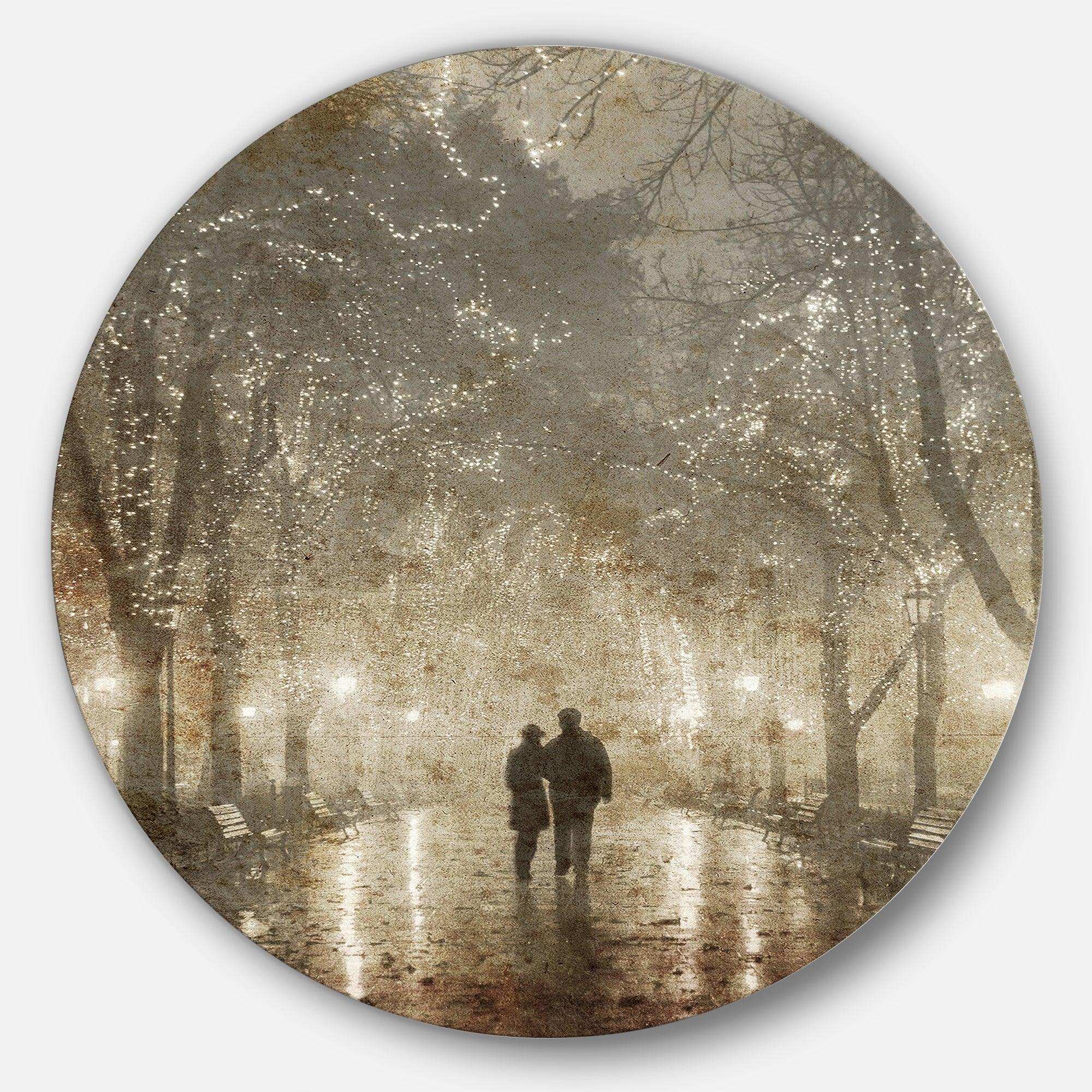 Couple Walking in Night Lights - Landscape Photography Metal Circle Wall Art