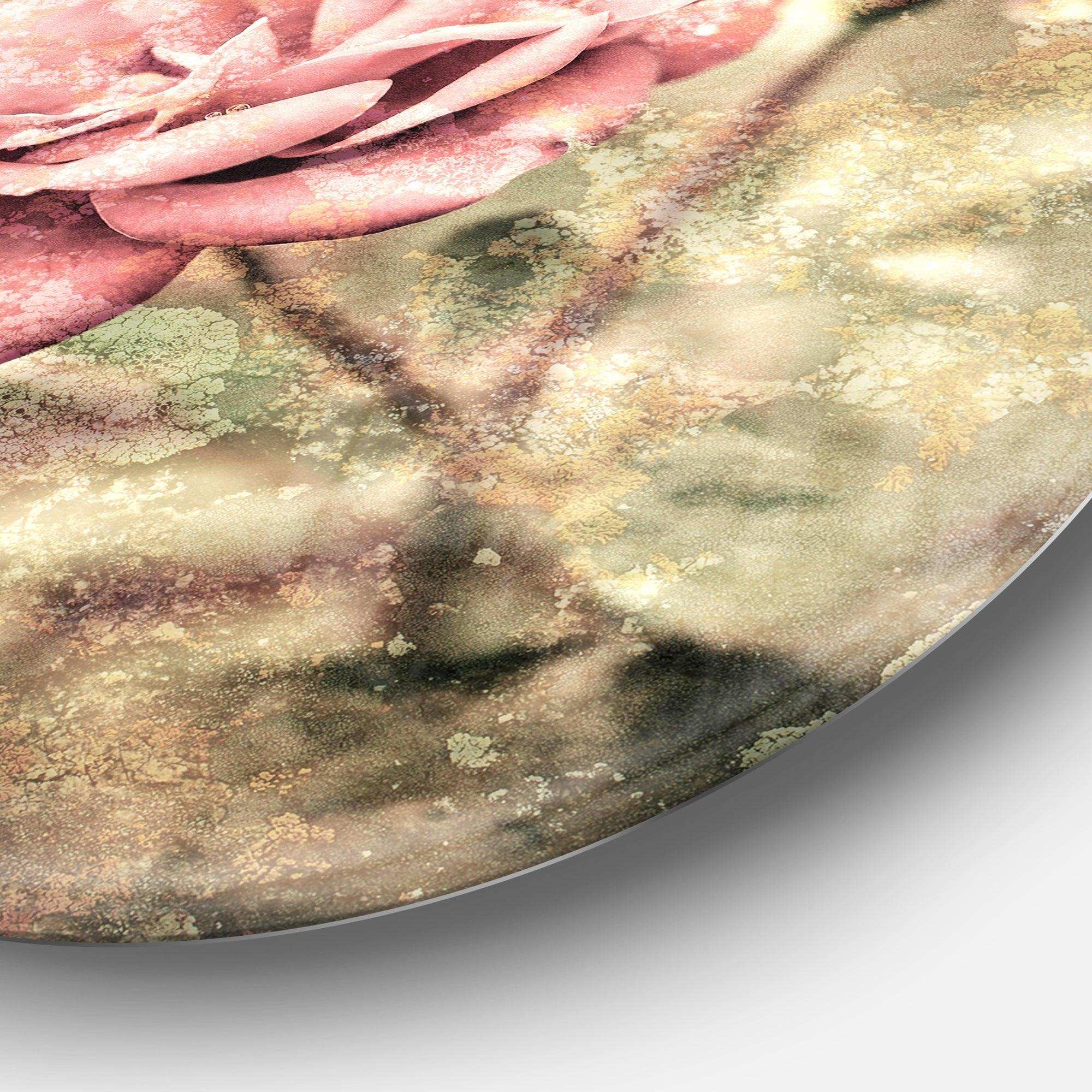 Vintage Pink Roses with Water Drops - Floral Round Metal Wall Art