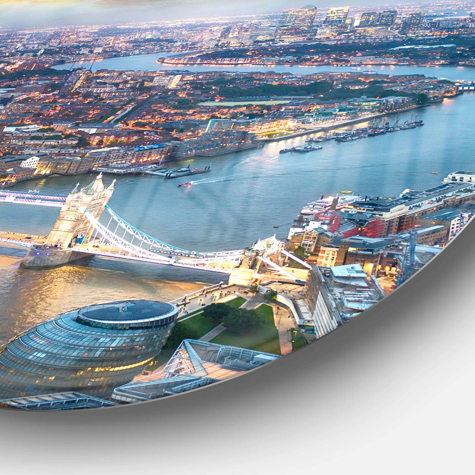 Aerial View of London at Dusk - Architecture Circle Metal Wall Decor