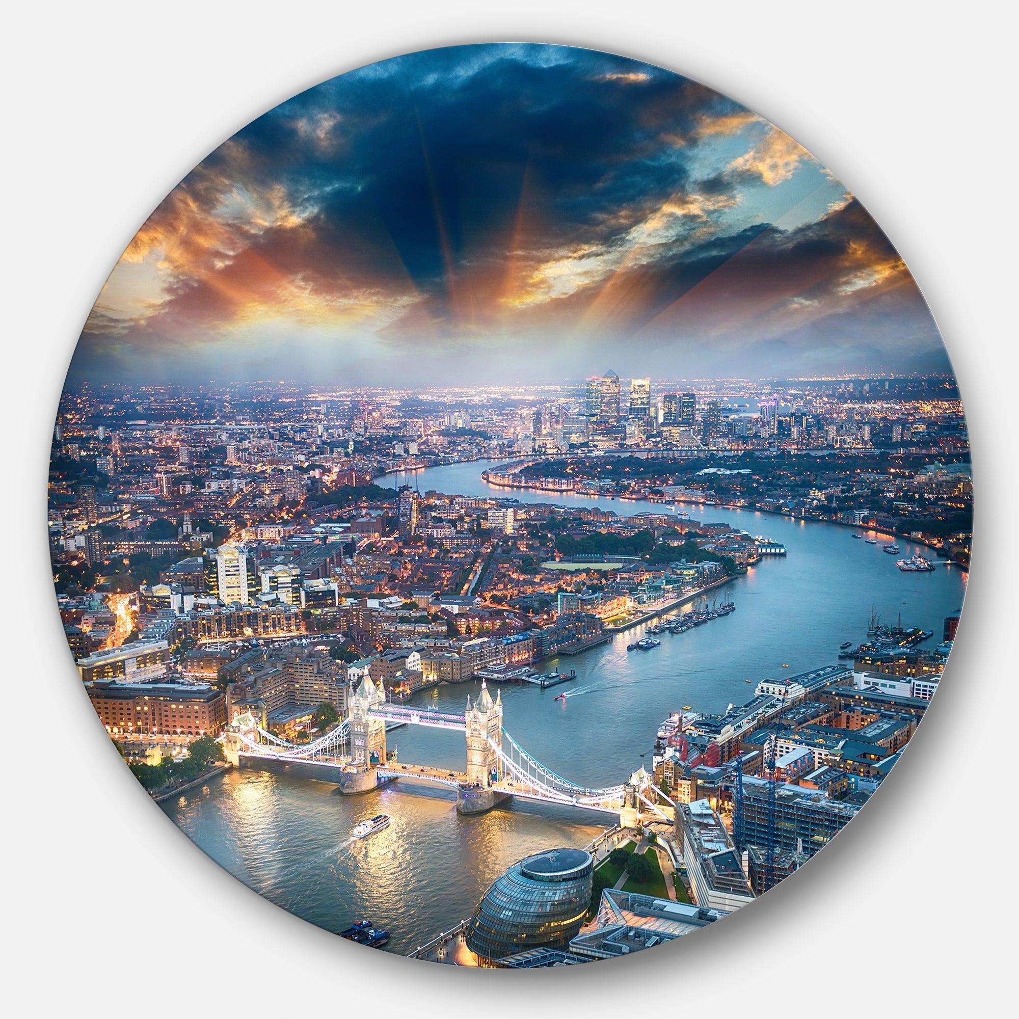Aerial View of London at Dusk - Architecture Circle Metal Wall Decor