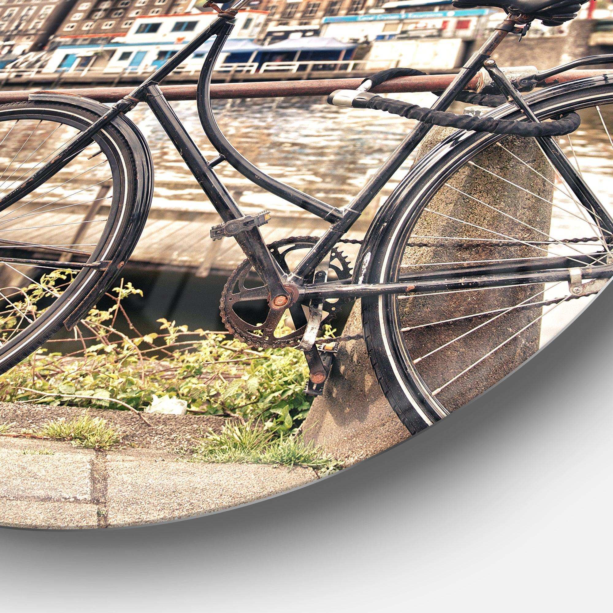 Bike Over Bridge in Amsterdam - Landscape Round Metal Wall Art