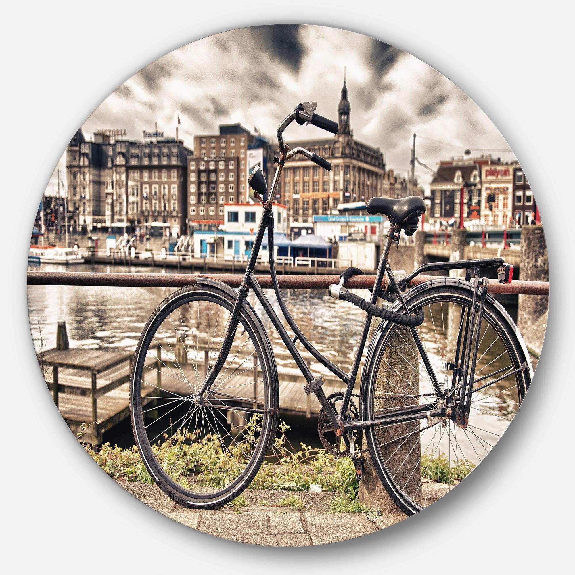 Bike Over Bridge in Amsterdam - Landscape Round Metal Wall Art