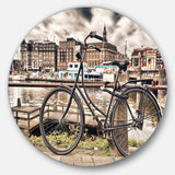 Bike Over Bridge in Amsterdam - Landscape Round Metal Wall Art
