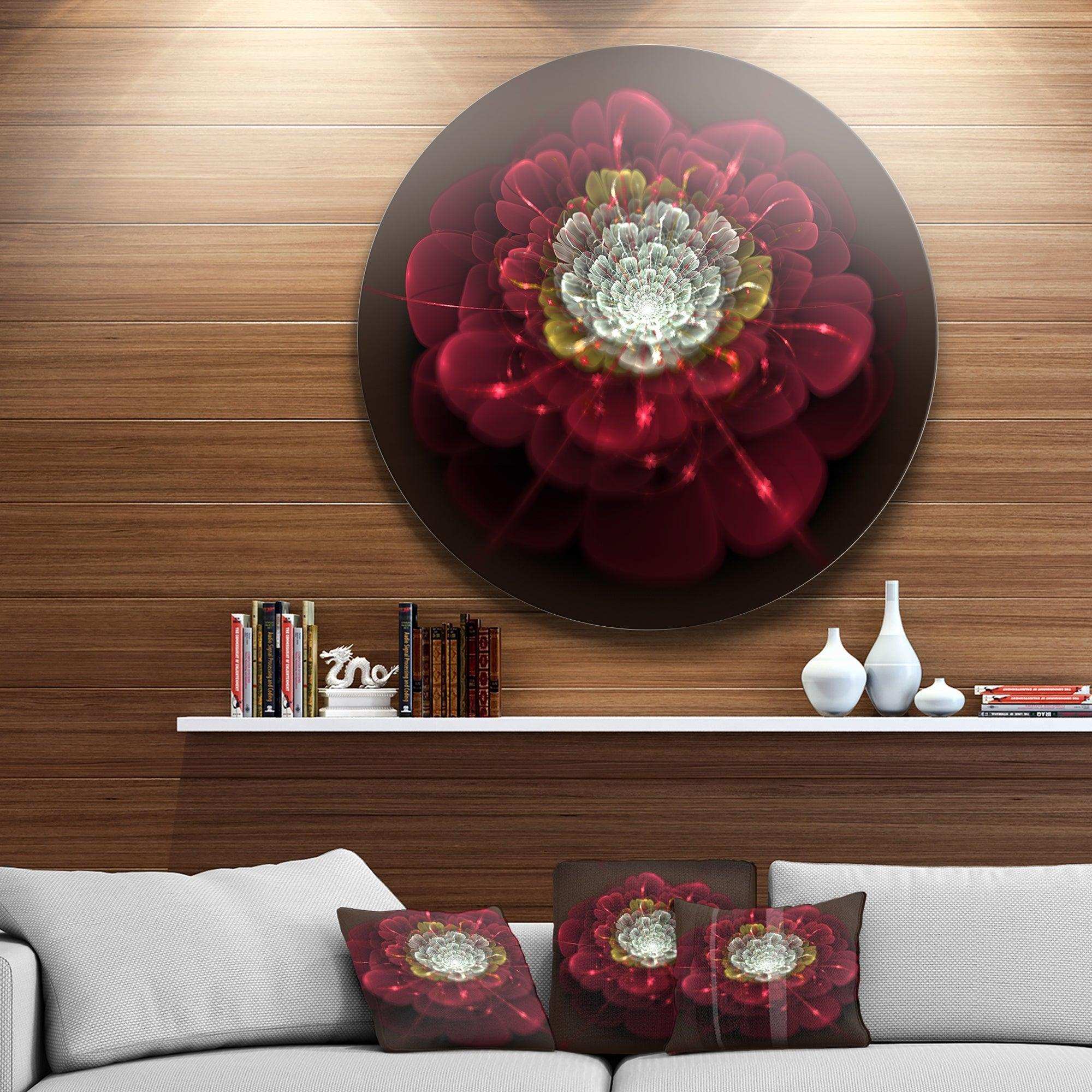 Red Fractal Flower with White - Floral Round Metal Wall Art