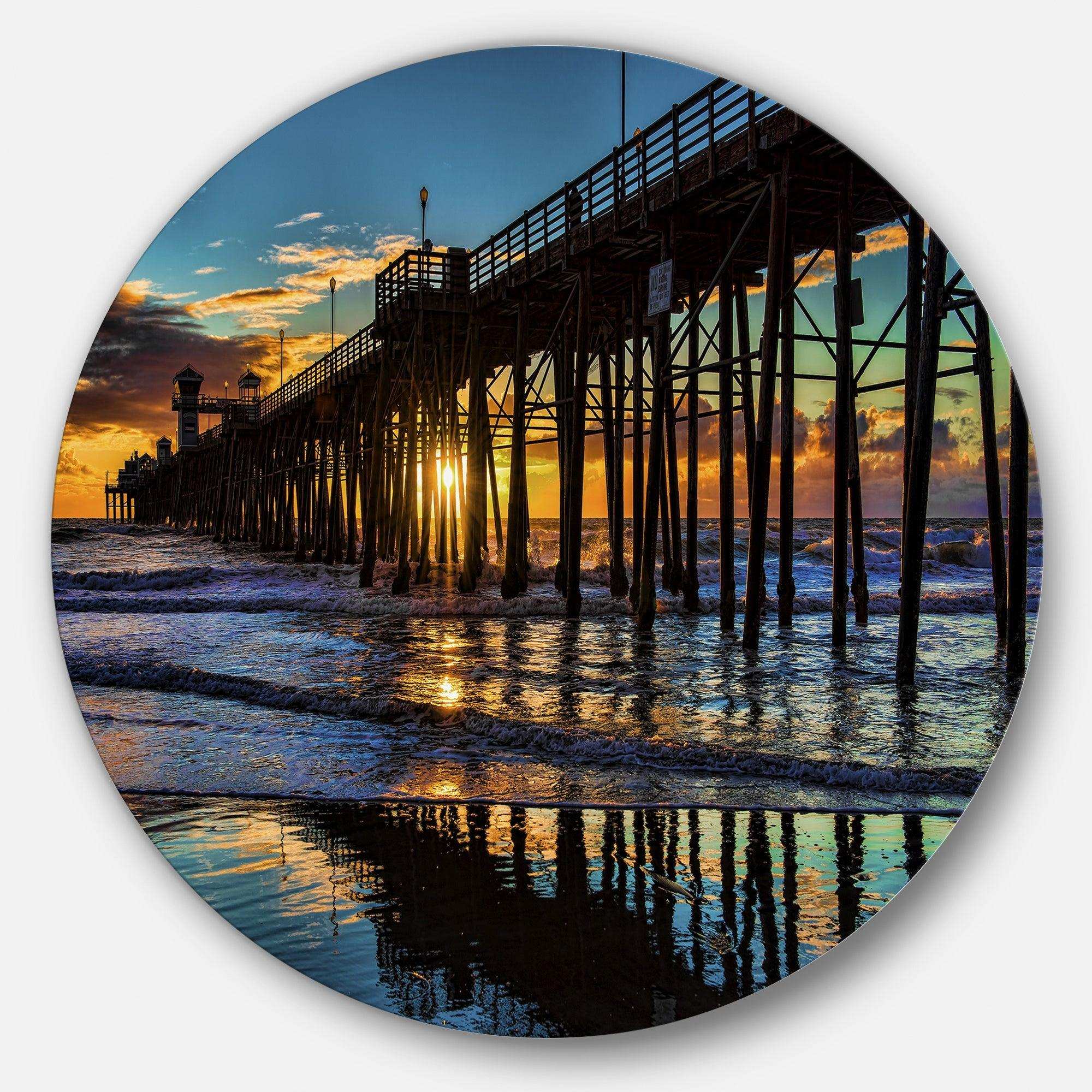 Oceanside Pier at Evening - Landscape Photography Circle Metal Wall Decor