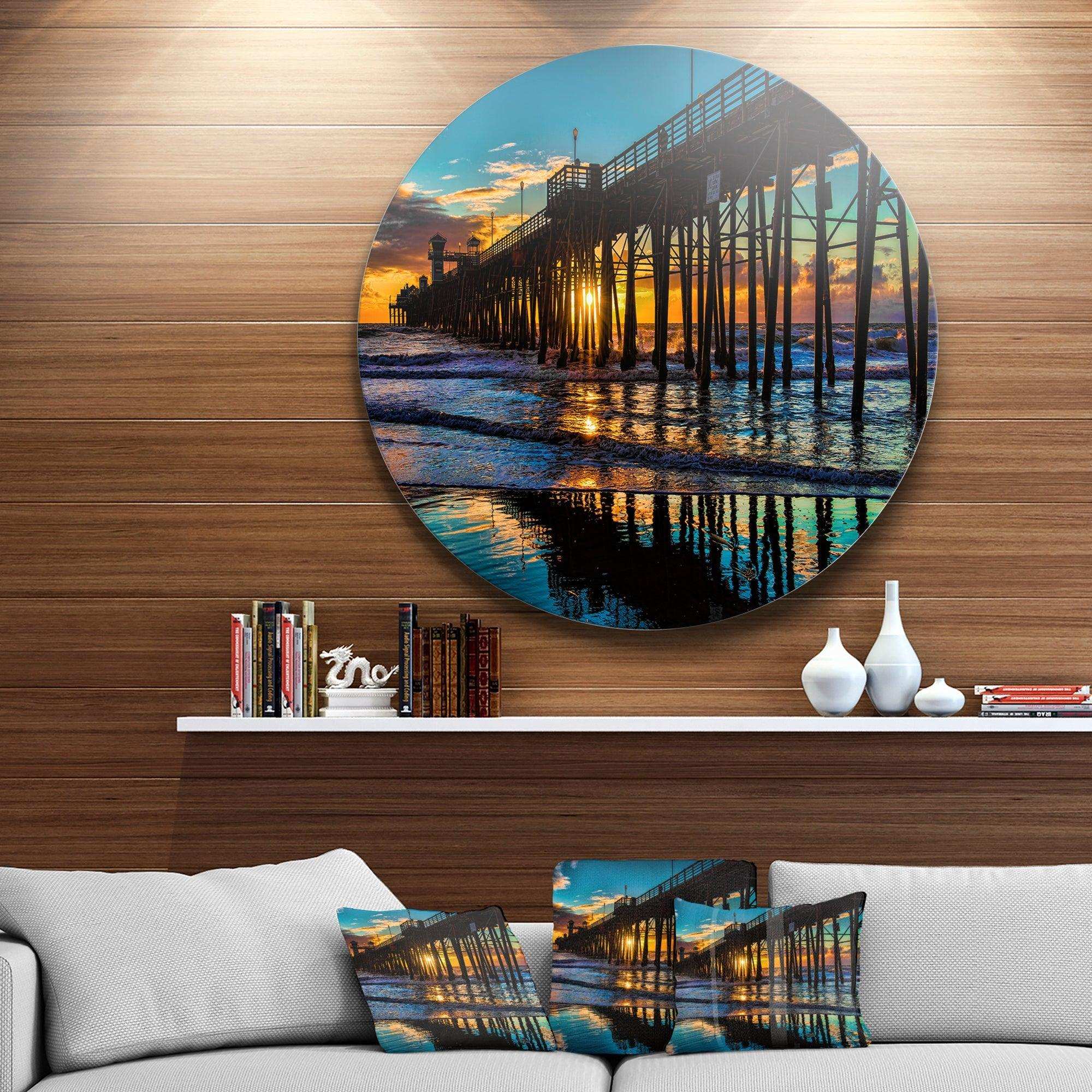 Oceanside Pier at Evening - Landscape Photography Circle Metal Wall Decor