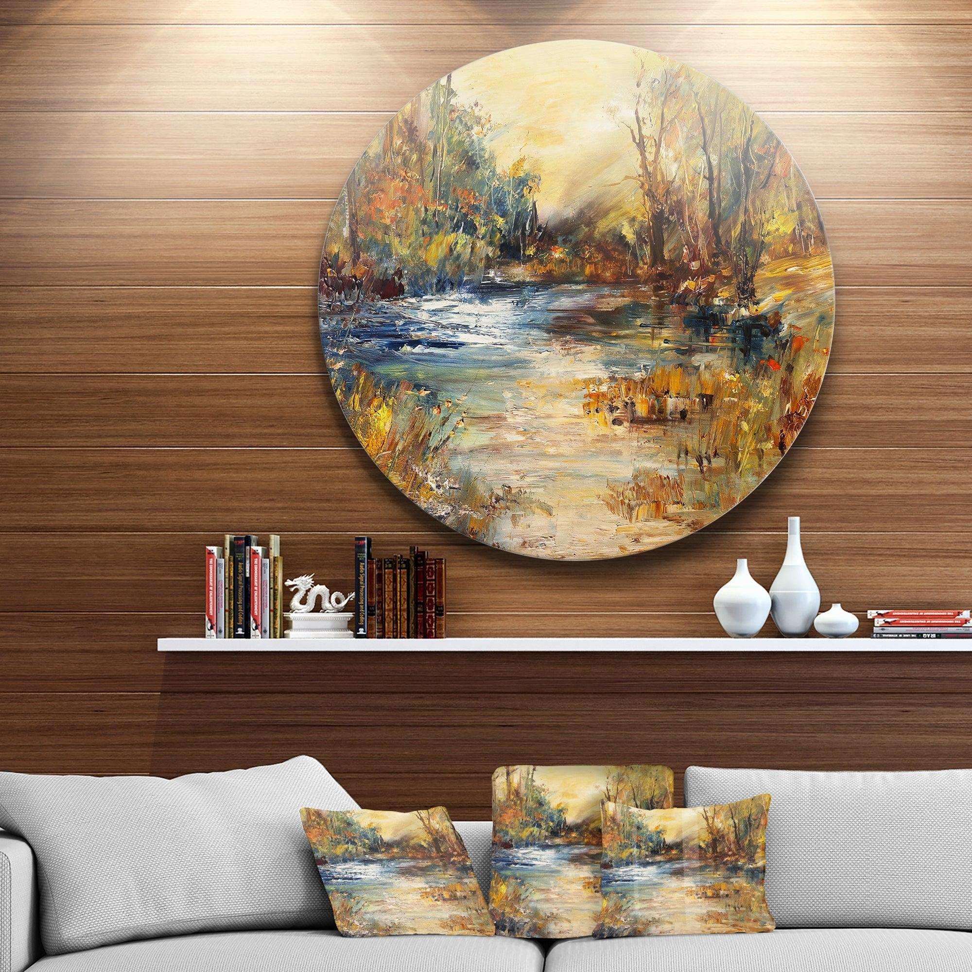Stream in Forest Oil - Landscape Metal Circle Wall Art