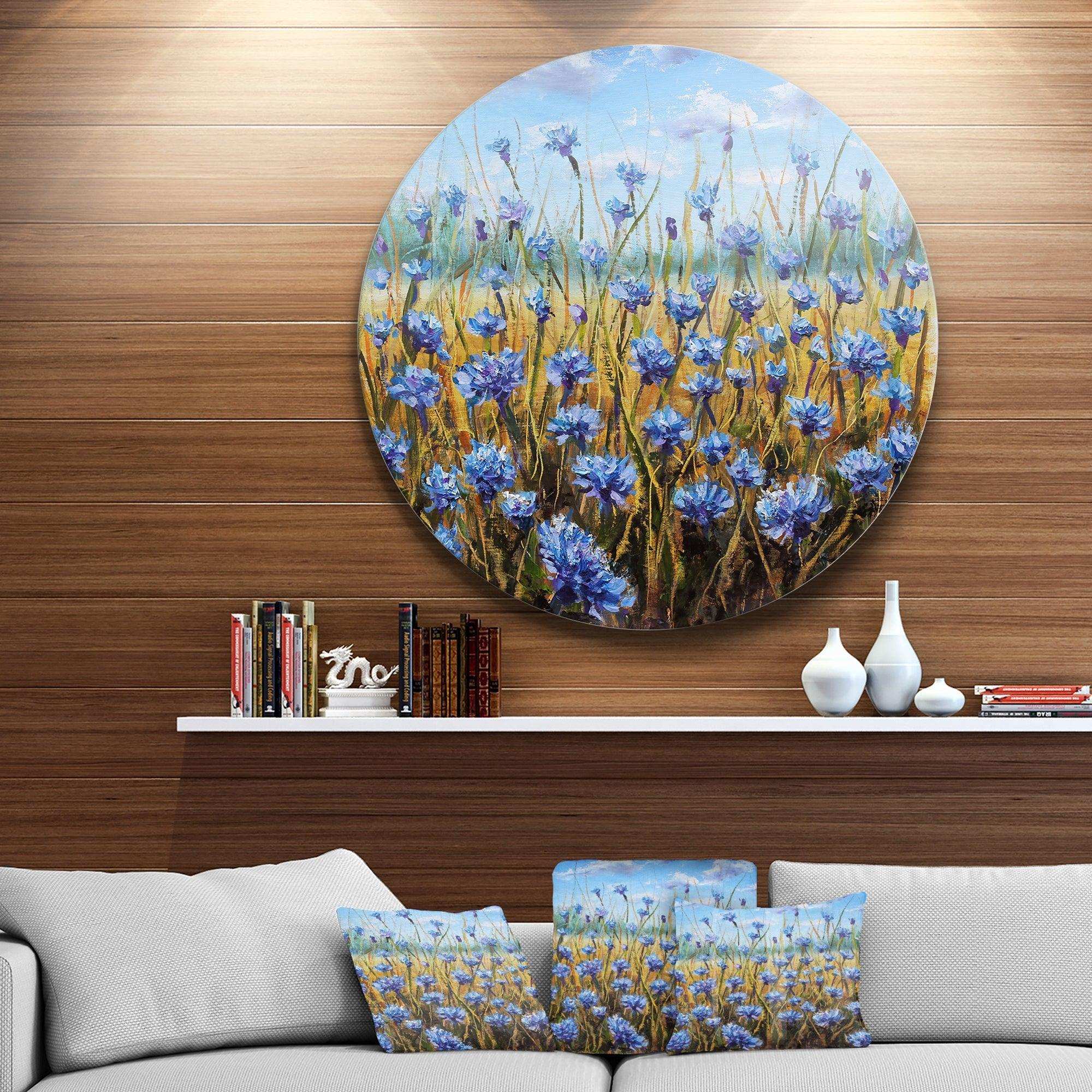 Blue Flowers in Meadow - Floral Round Metal Wall Art