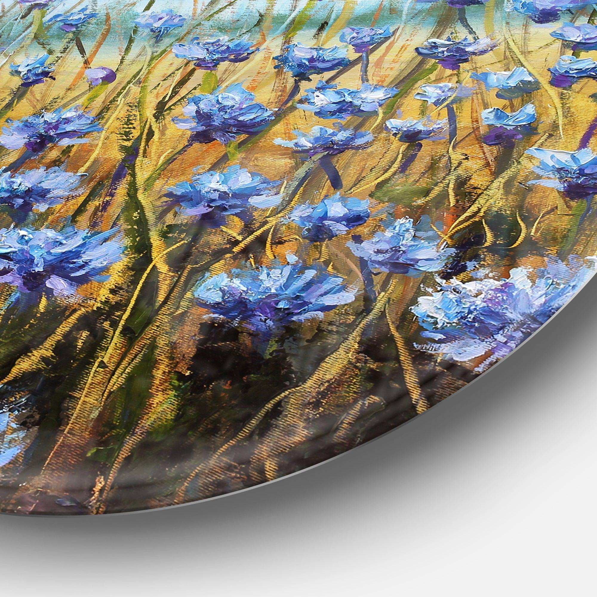 Blue Flowers in Meadow - Floral Round Metal Wall Art